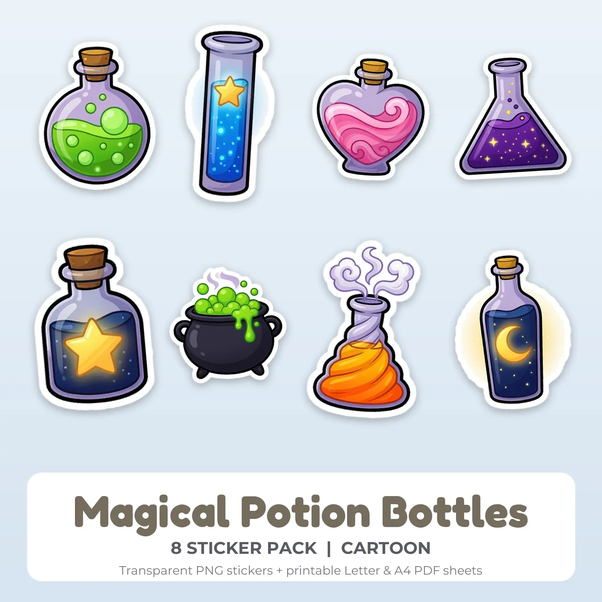 Magical Potion Bottles Stickers, 8 PNG + Printable PDF Sheet, preview 1 of 2