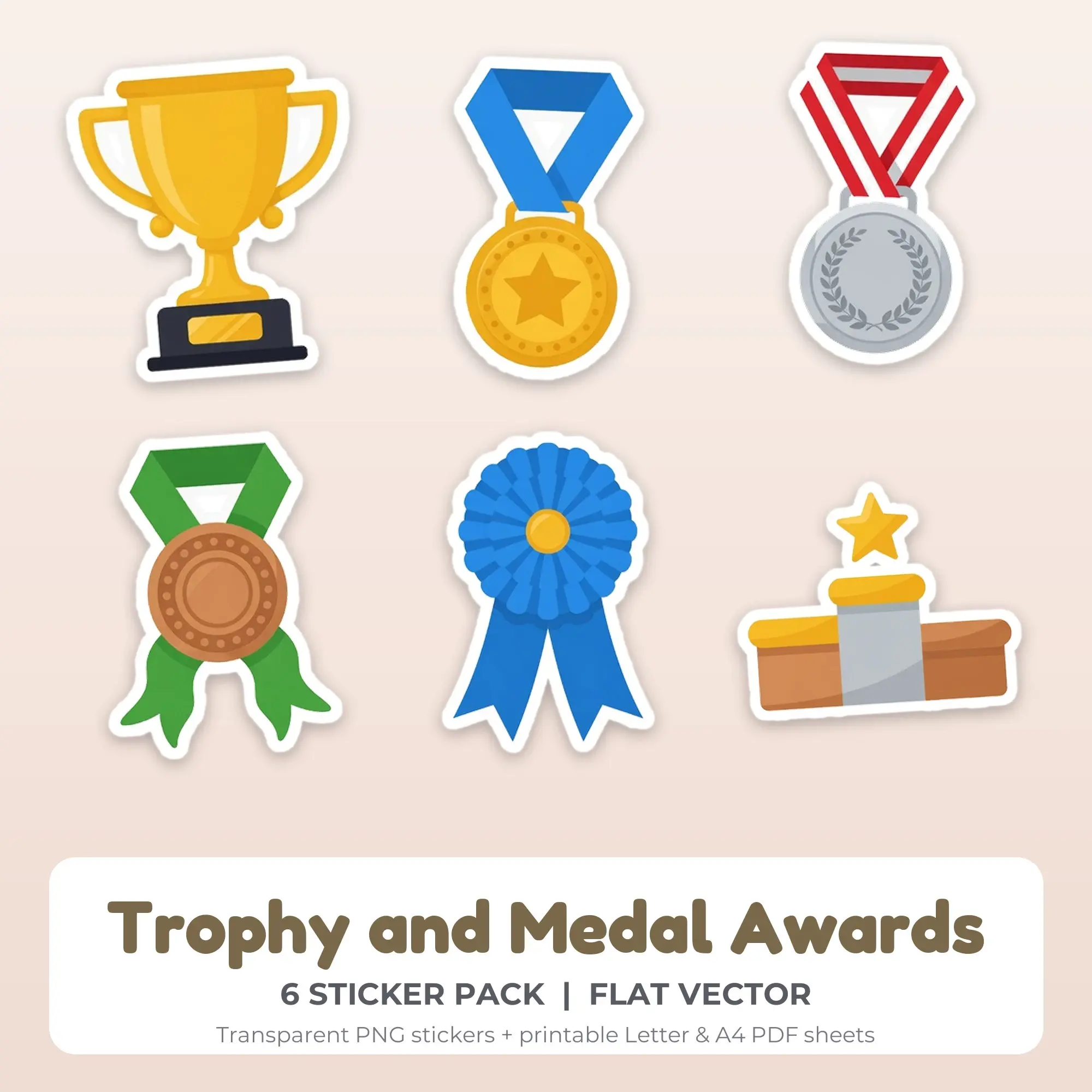 6 Trophy and Medal Awards Stickers - Printable Sticker Sheet PDF, preview 1 of 2