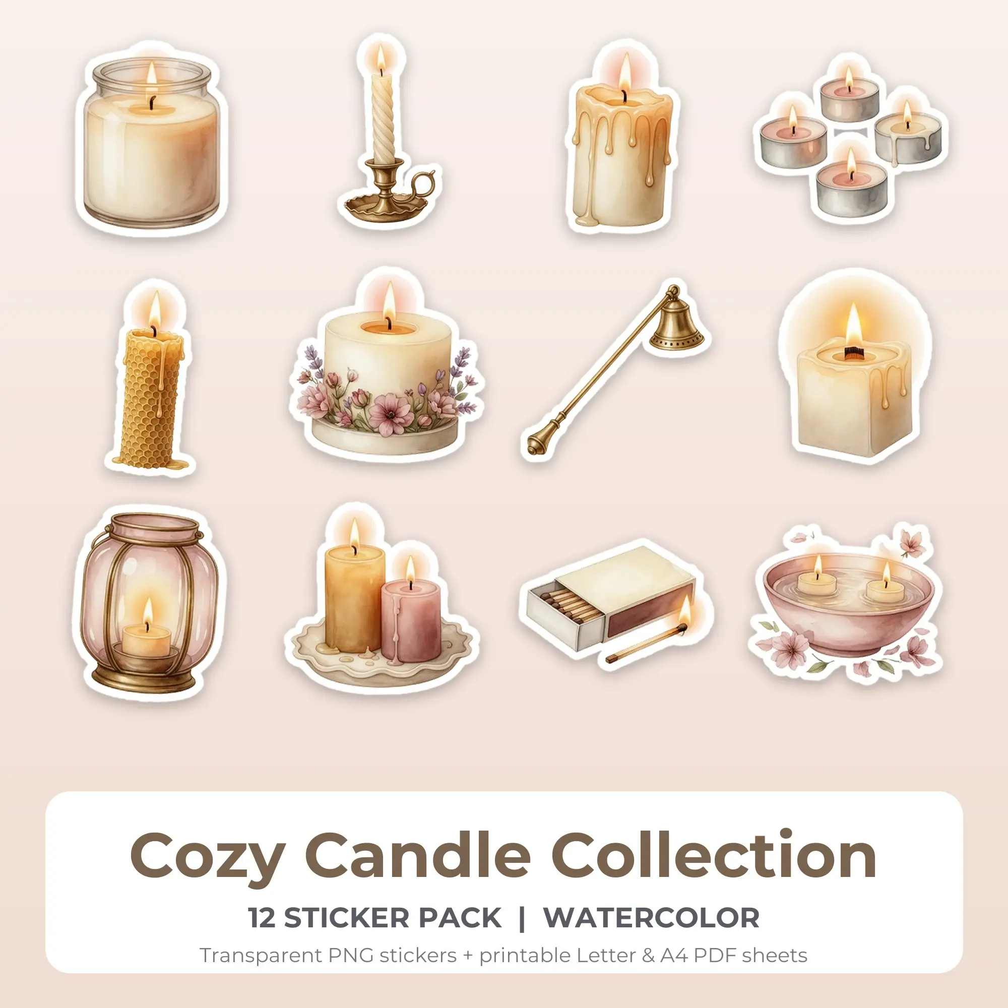 Watercolor Cozy Candle Collection Sticker Set - 12 Printable PNG preview