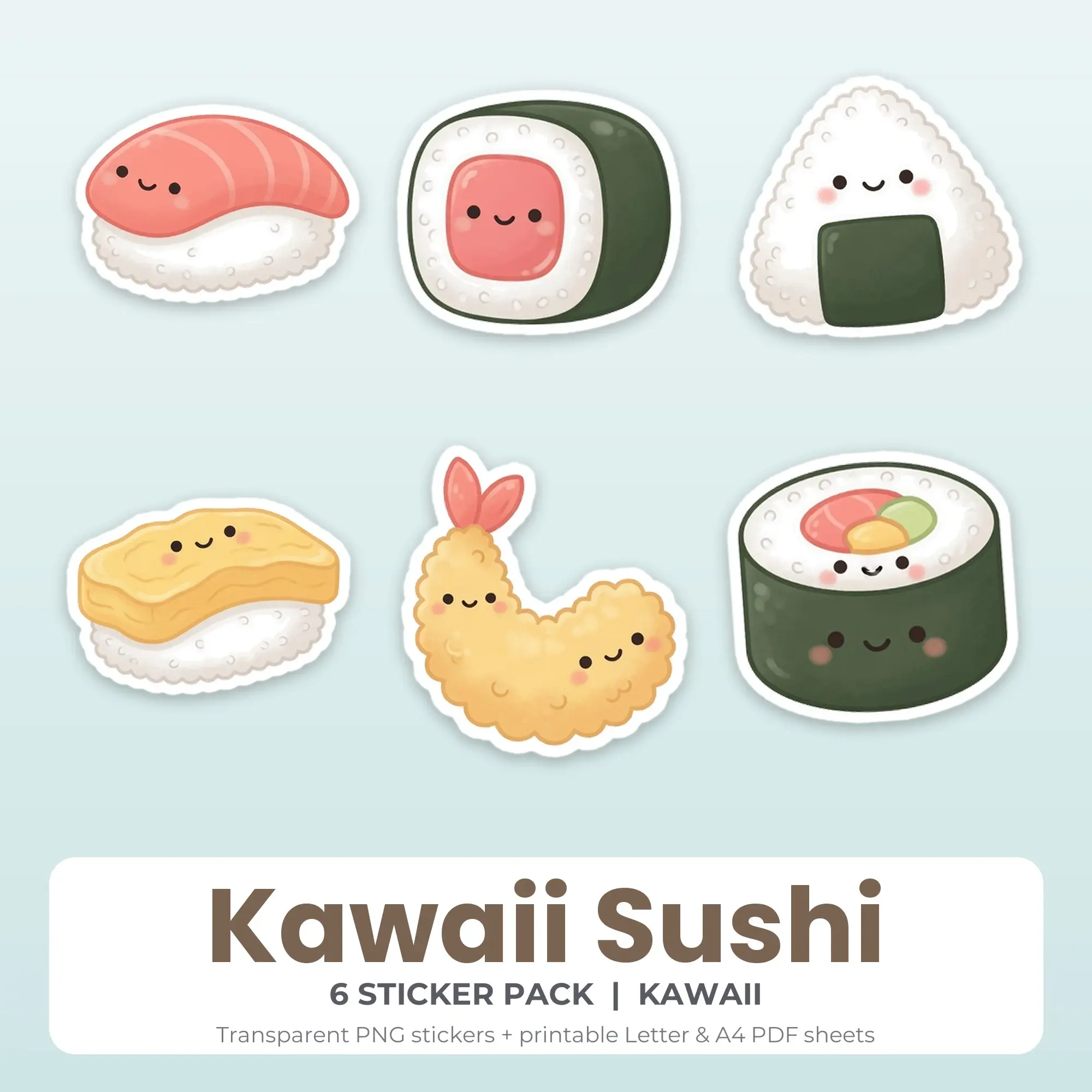 Kawaii Sushi Stickers, 6 PNG + Printable PDF Sheet preview