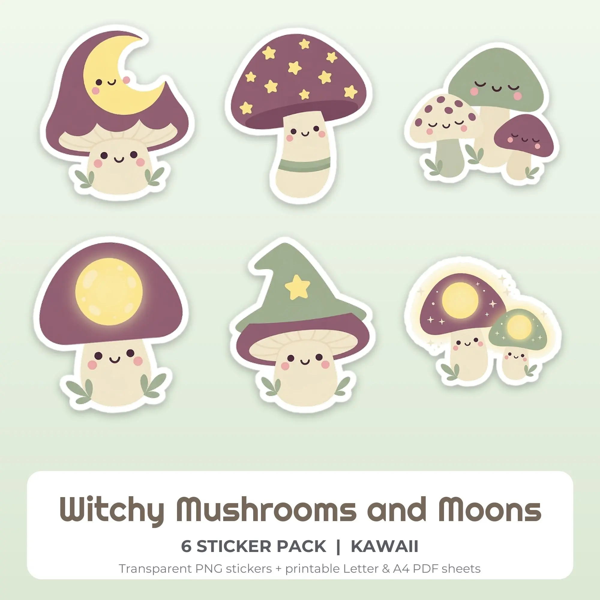 Witchy Mushrooms and Moons Sticker Pack - 6 Printable Stickers preview