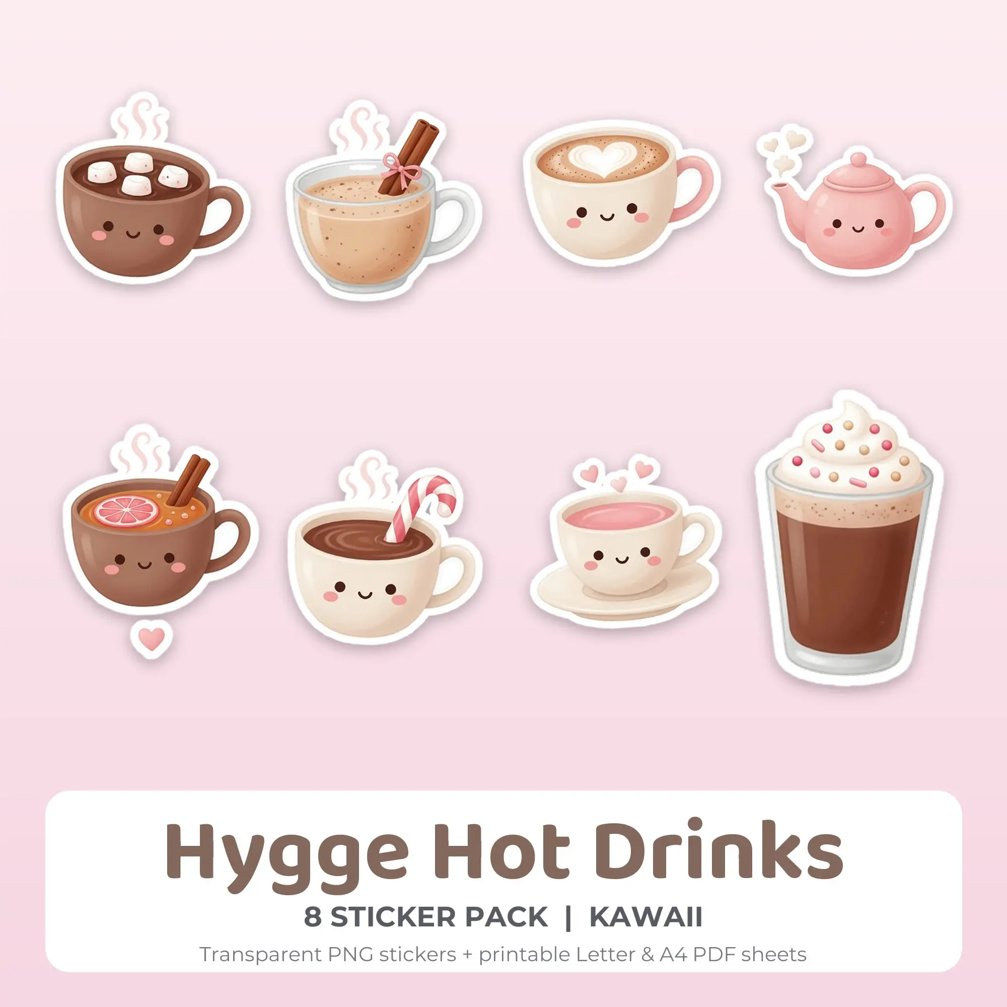 8 Hygge Hot Drinks Stickers - Printable Sticker Sheet PDF preview