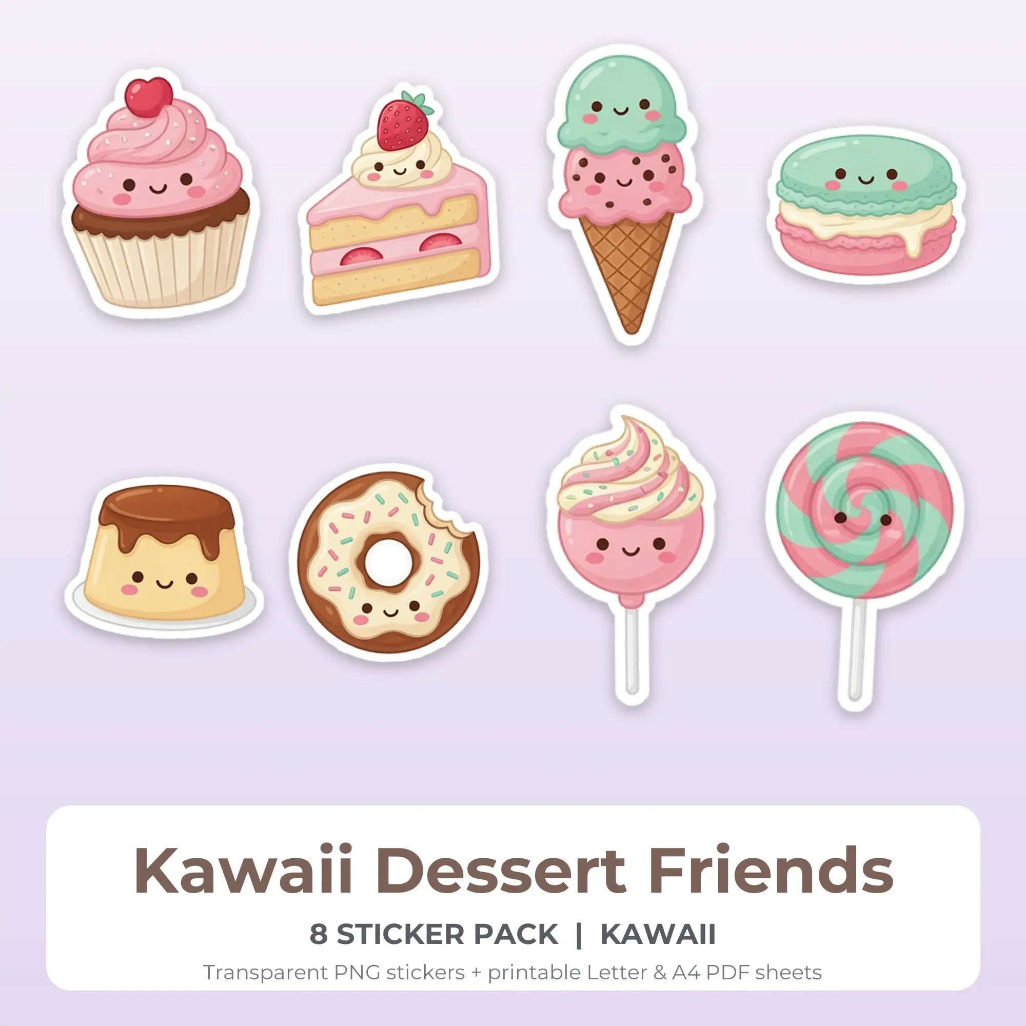 Kawaii Dessert Friends Printable Stickers - 8 Die-Cut PNG + PDF preview