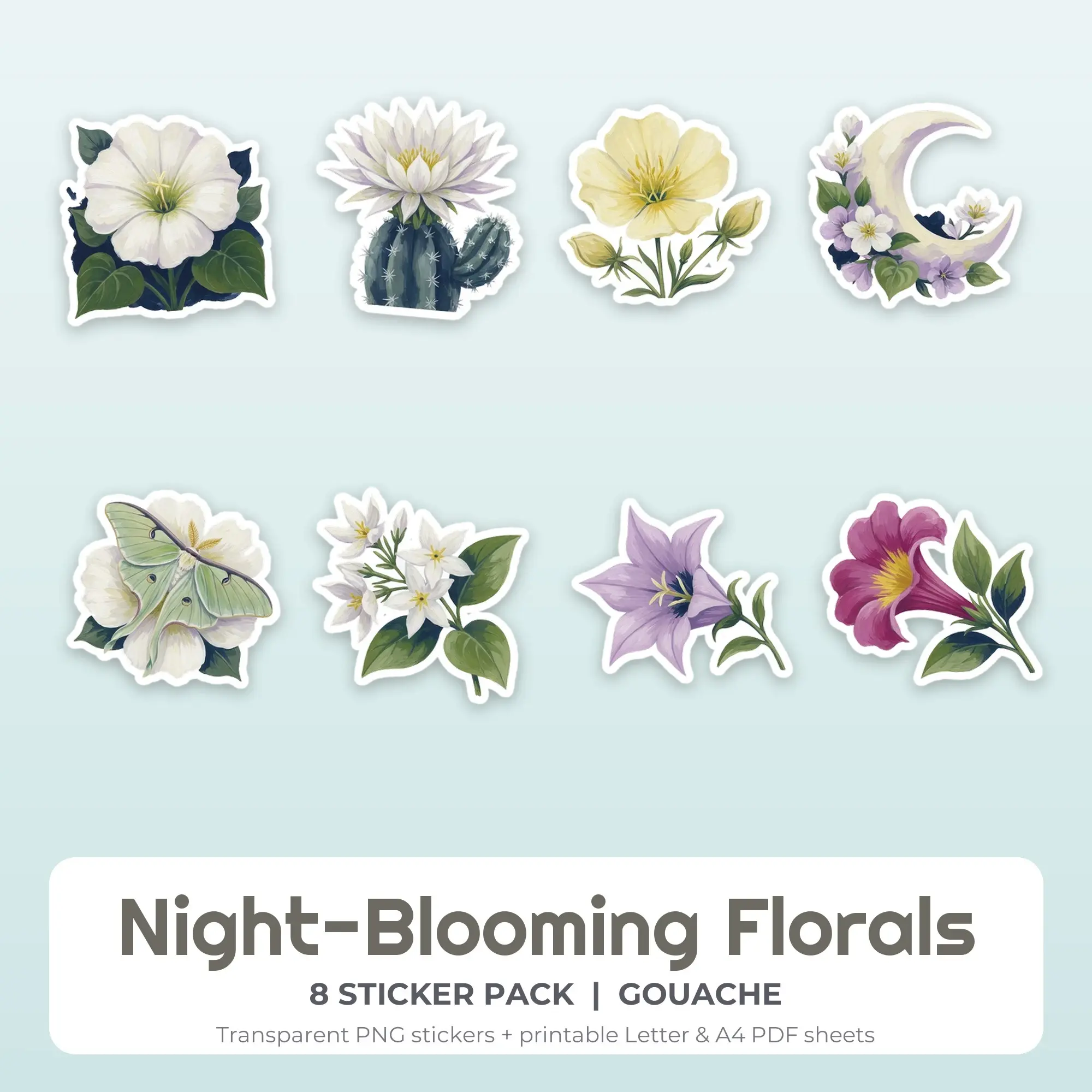 Night-Blooming Florals Sticker Pack - 8 Printable Stickers preview