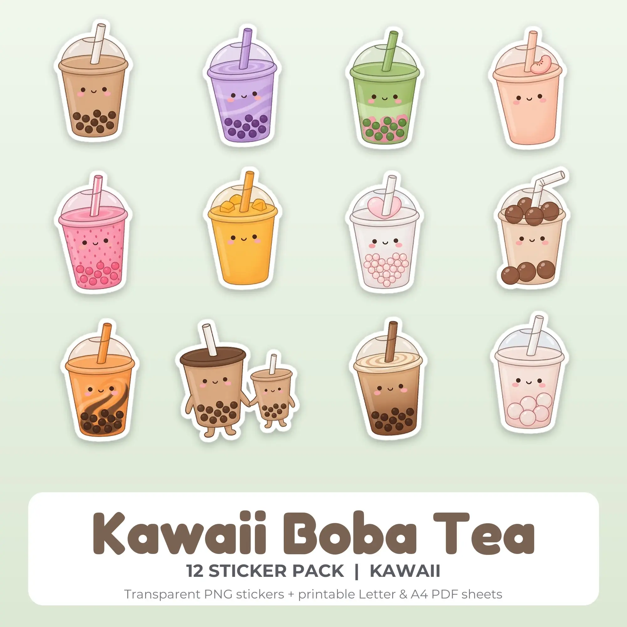 Kawaii Boba Tea Sticker Set - 12 Printable PNG preview