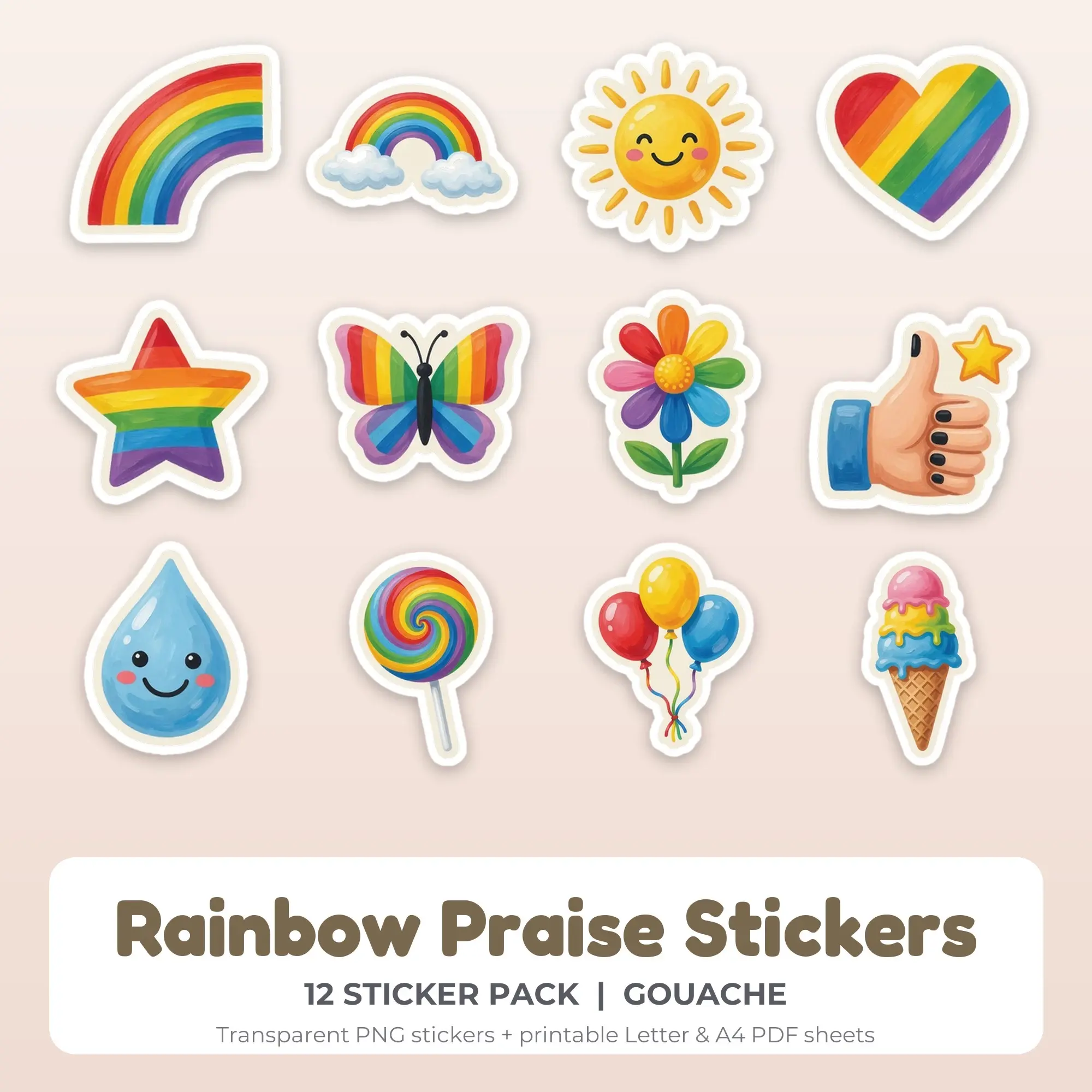 12 Rainbow Praise Stickers Stickers - Printable Sticker Sheet PDF preview