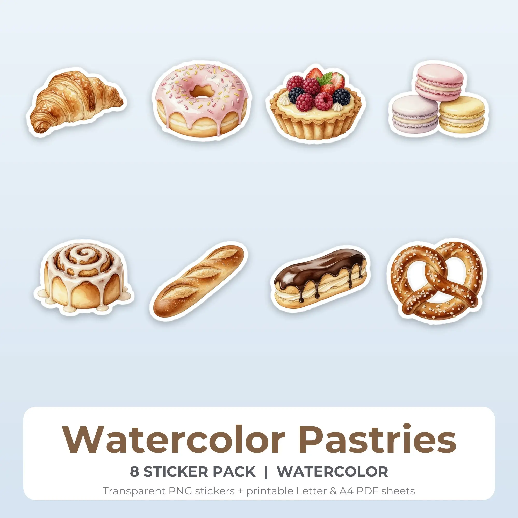 Watercolor Pastries Printable Stickers - 8 Die-Cut PNG + PDF preview