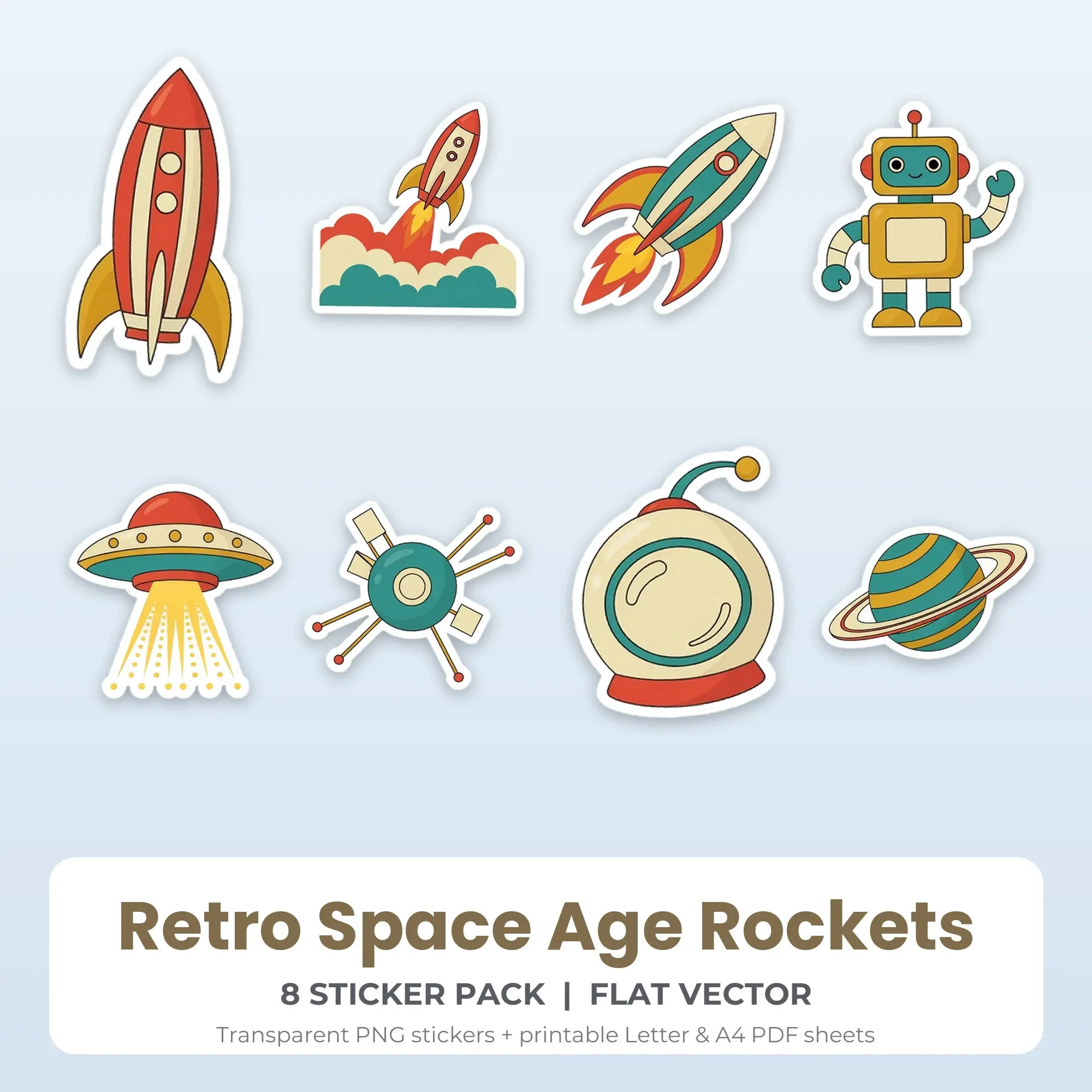 Flat Vector Retro Space Age Rockets Sticker Set - 8 Printable PNG preview