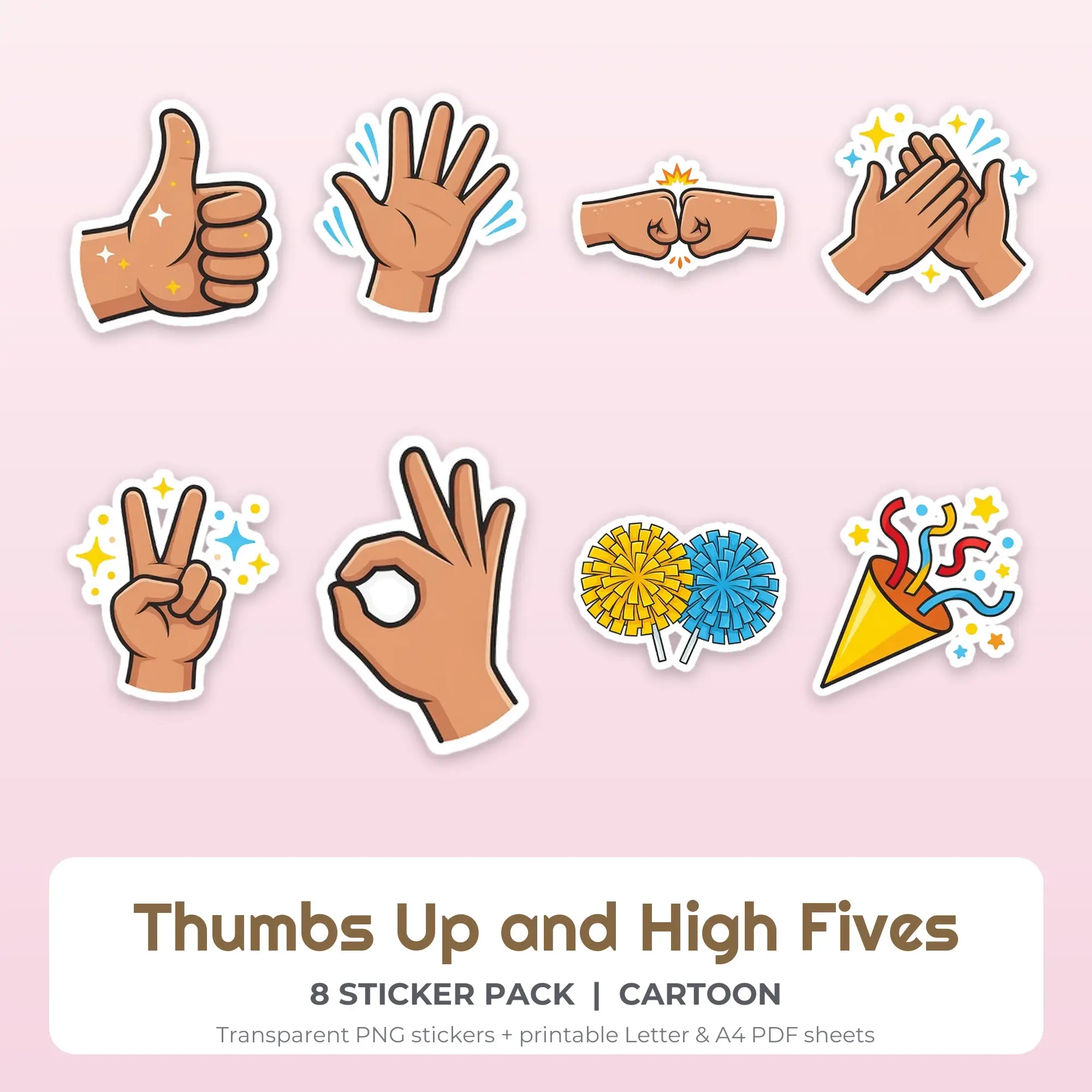 Printable Thumbs Up and High Fives Sticker Pack, Cartoon Style - 8 PNG preview