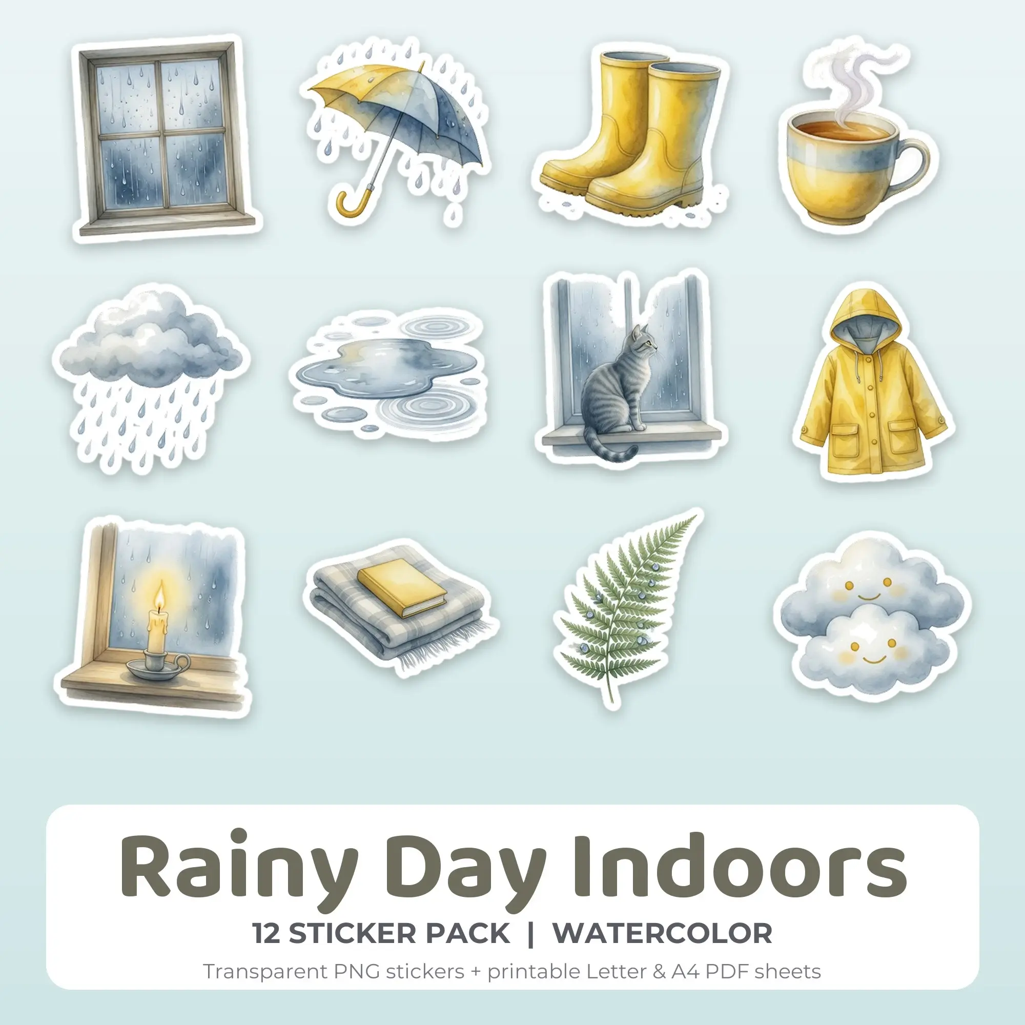 12 Rainy Day Indoors Stickers - Printable Sticker Sheet PDF, preview 1 of 2