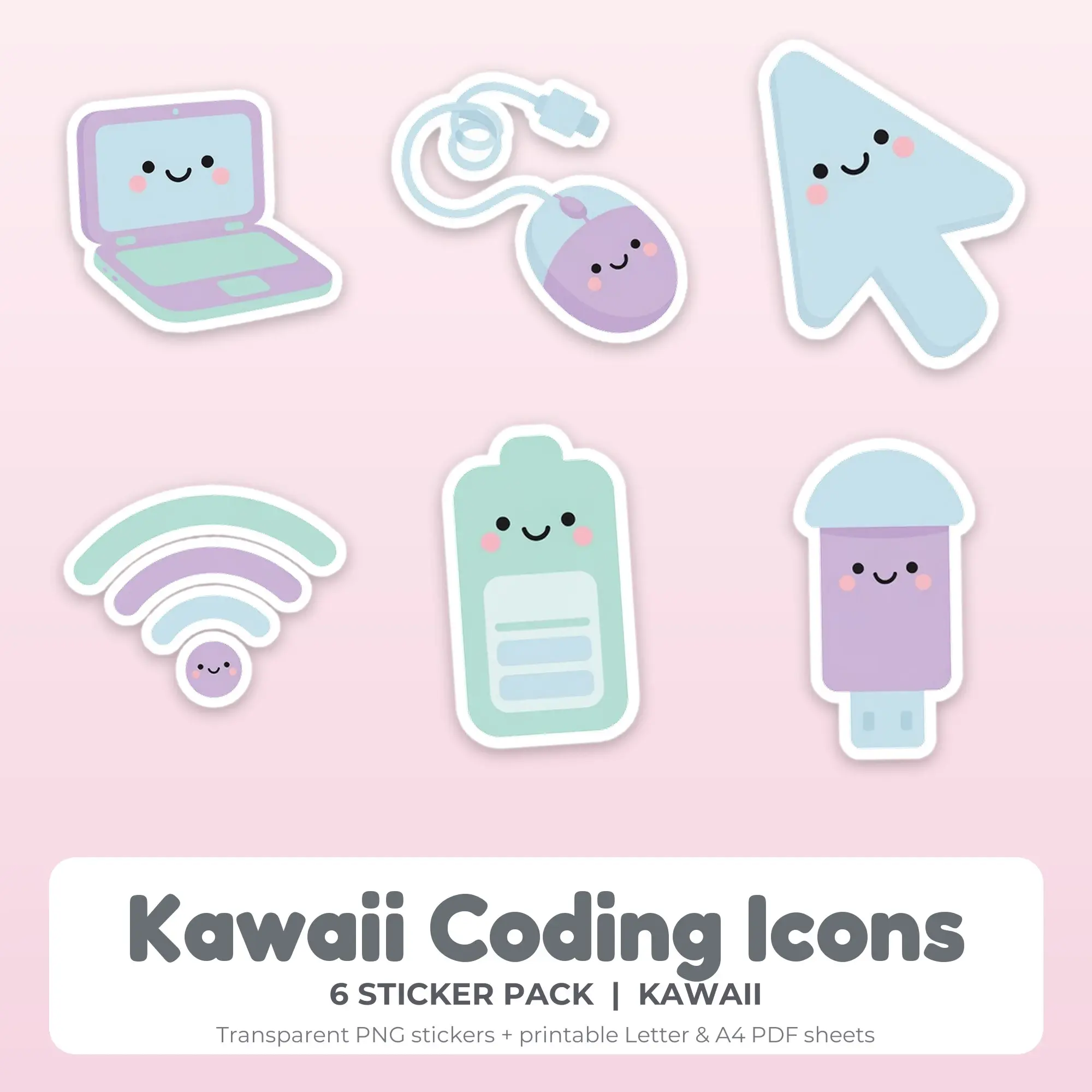 Kawaii Coding Icons Sticker Pack - 6 Printable Stickers preview