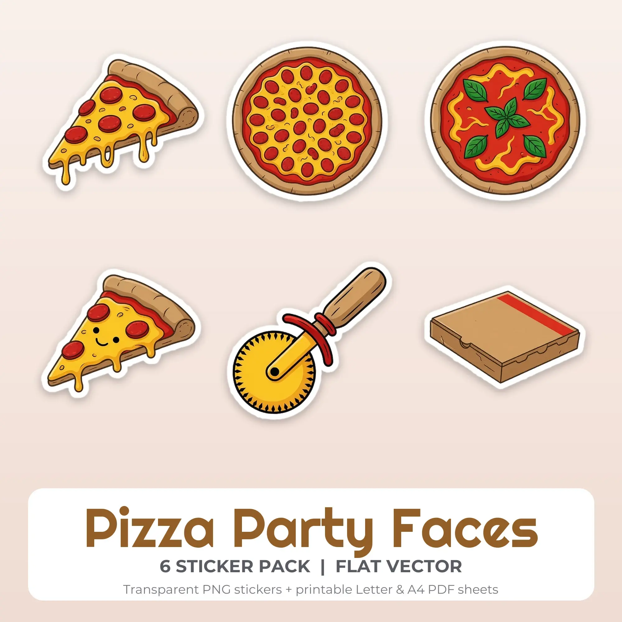 6 Pizza Party Faces Stickers - Printable Sticker Sheet PDF preview