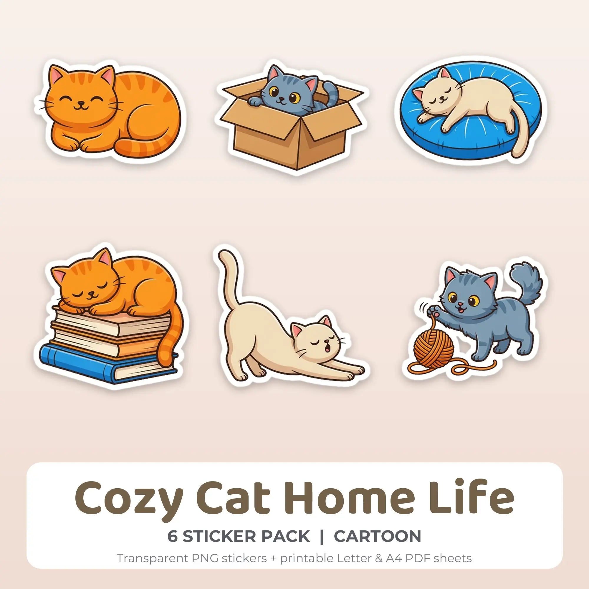 Printable Cozy Cat Home Life Sticker Pack, Cartoon Style - 6 PNG preview