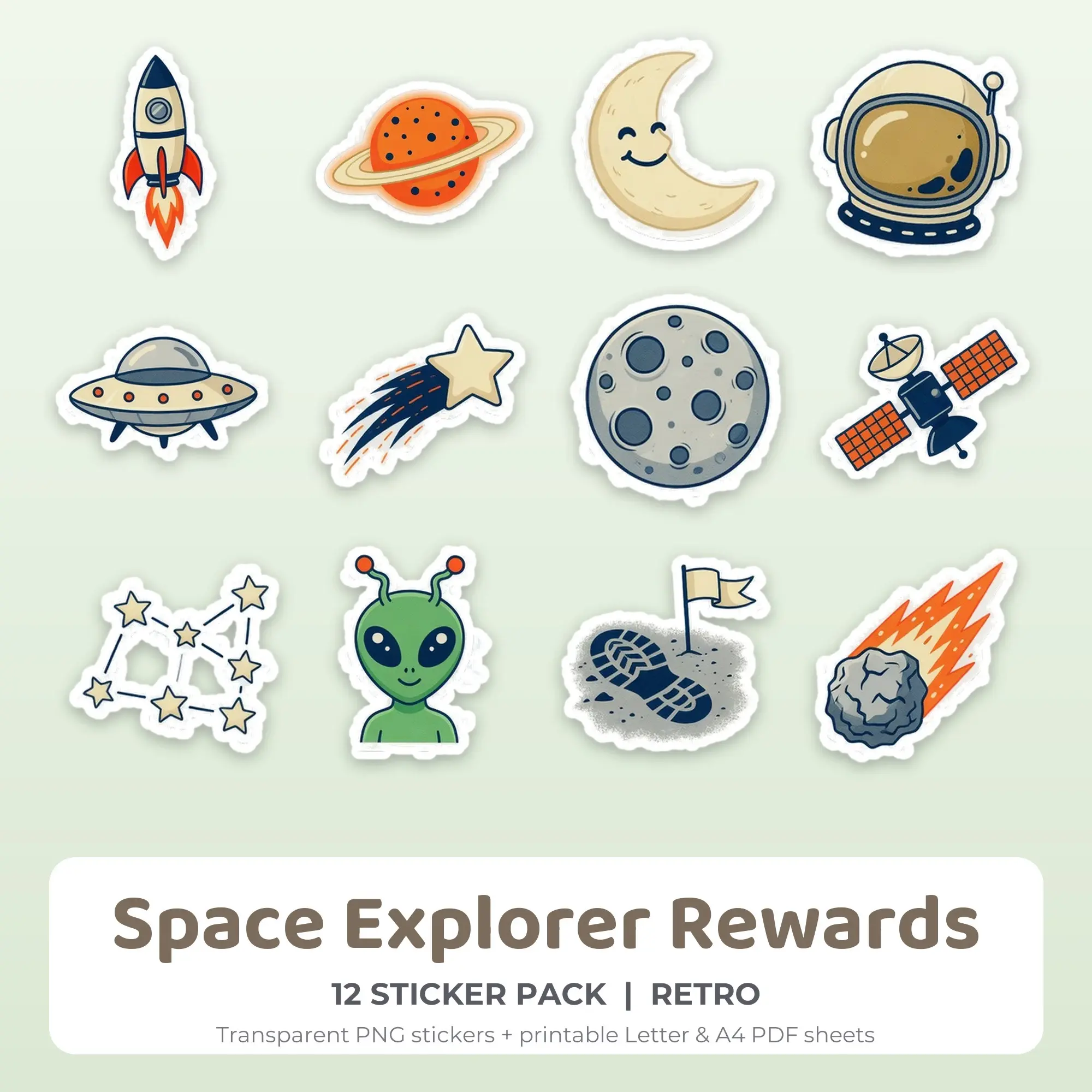 Space Explorer Rewards Printable Stickers - 12 Die-Cut PNG + PDF preview