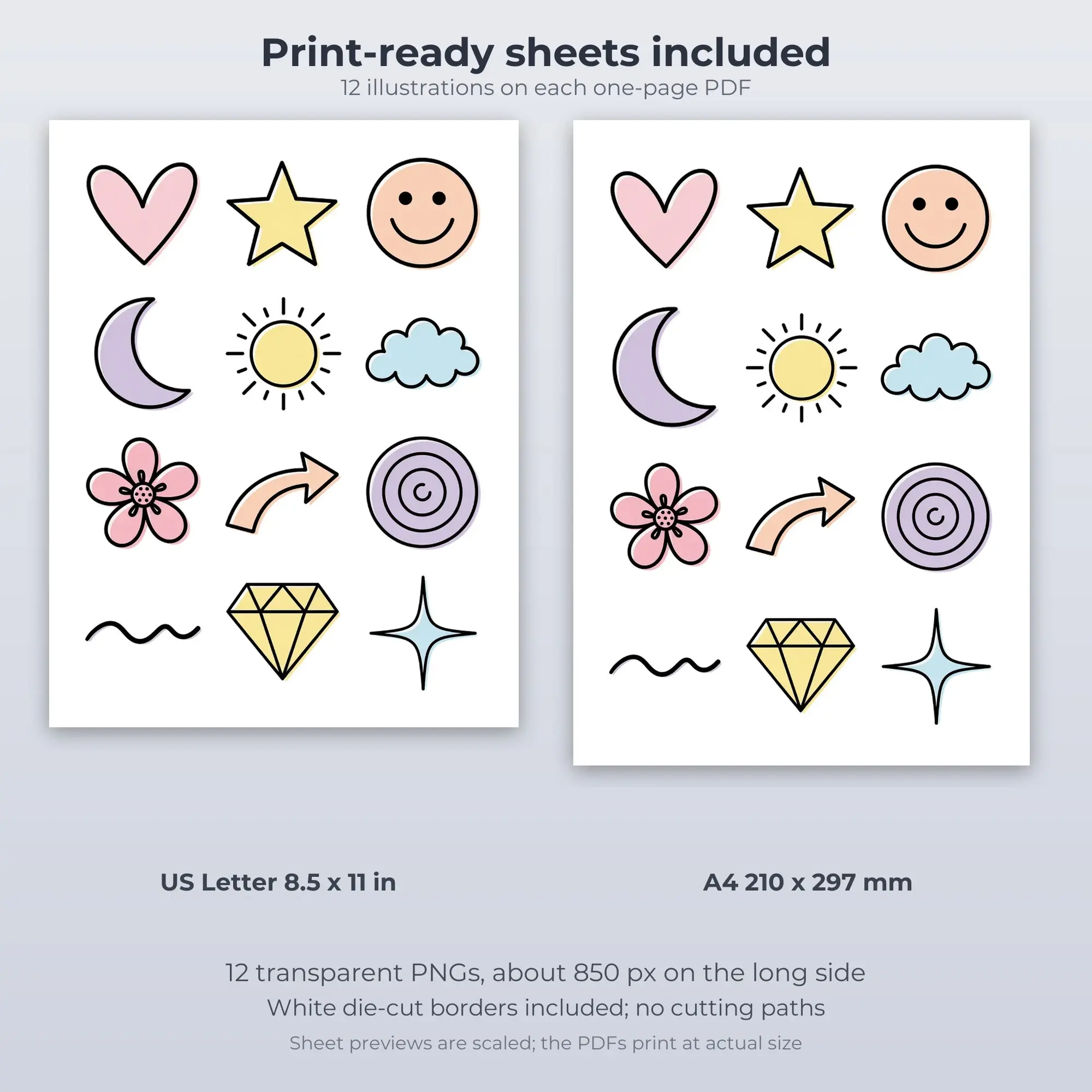 Minimal Doodle Shapes Stickers, 12 PNG + Printable PDF Sheet, preview 2 of 2