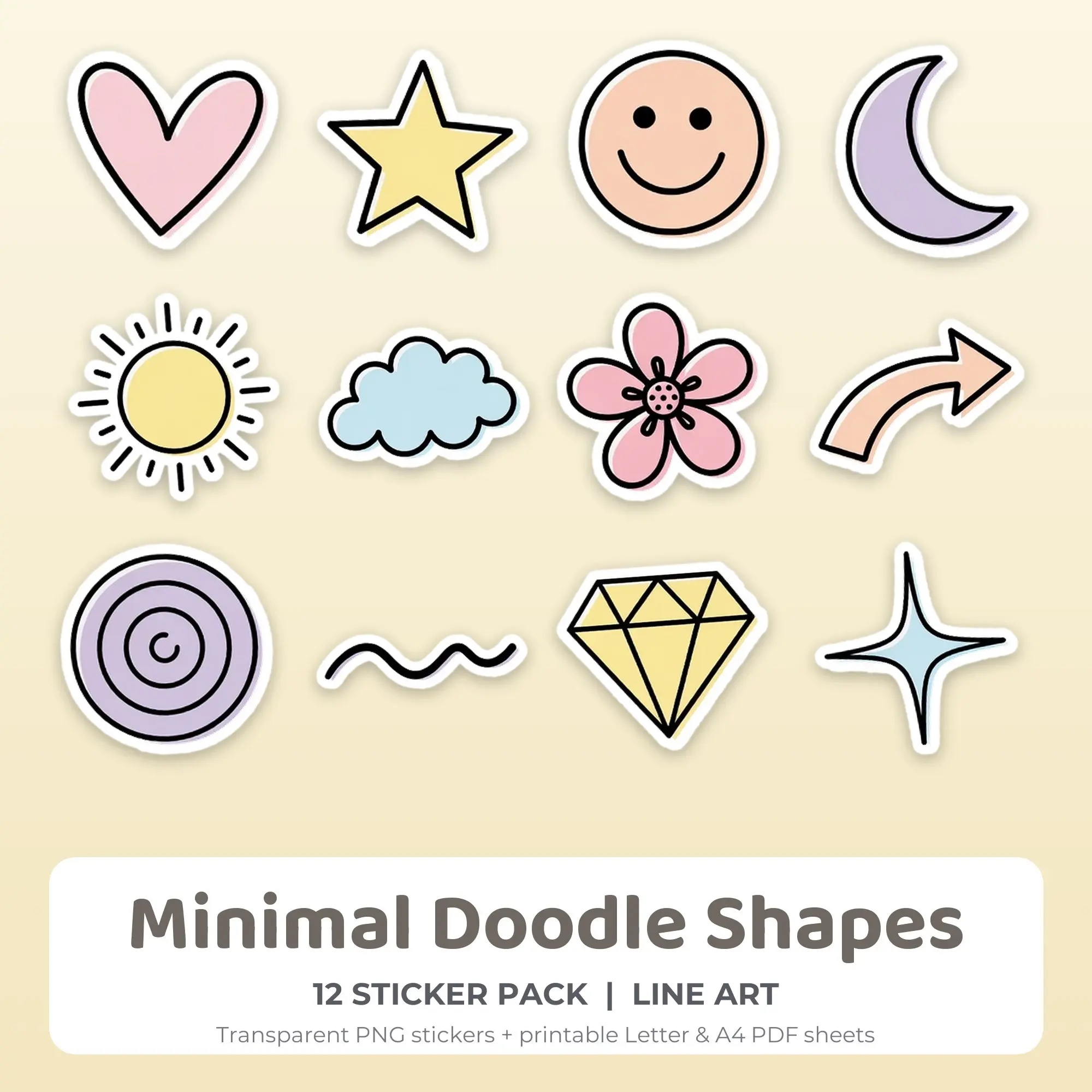 Minimal Doodle Shapes Stickers, 12 PNG + Printable PDF Sheet, preview 1 of 2
