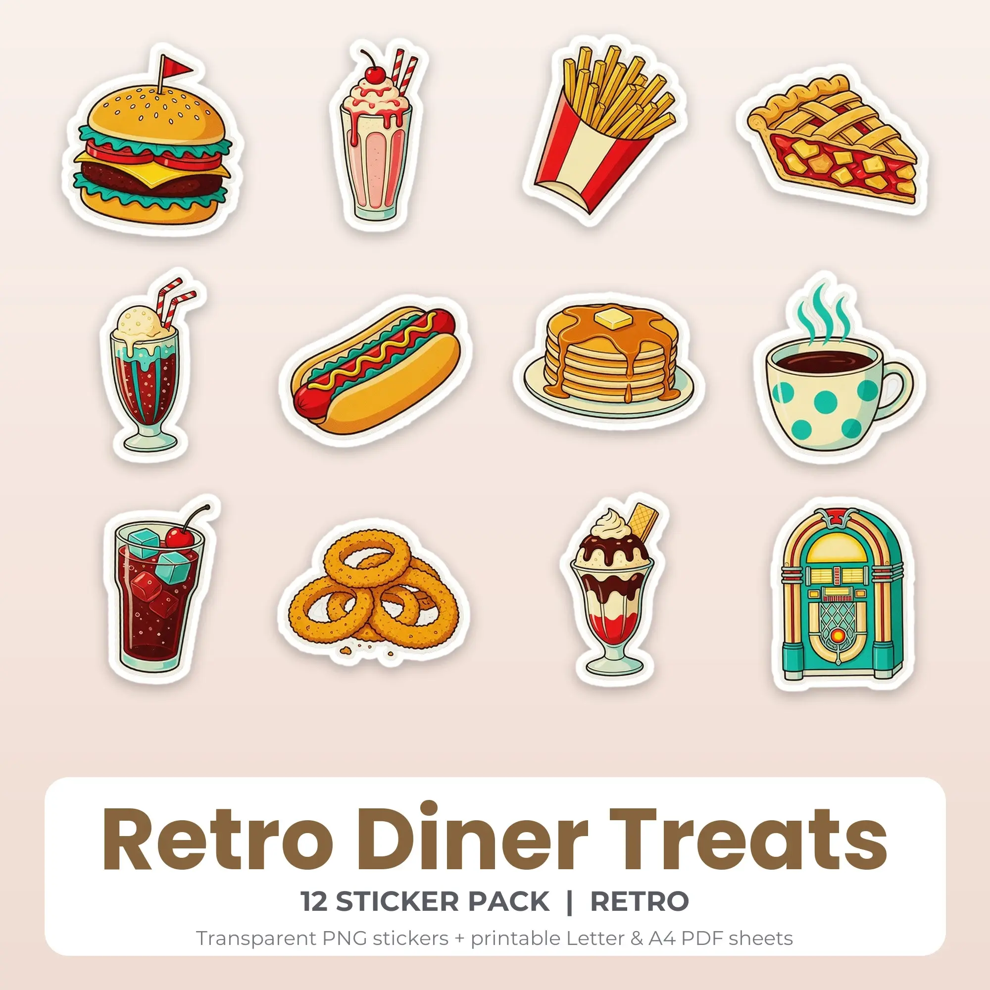 Retro Diner Treats Printable Stickers - 12 Die-Cut PNG + PDF preview