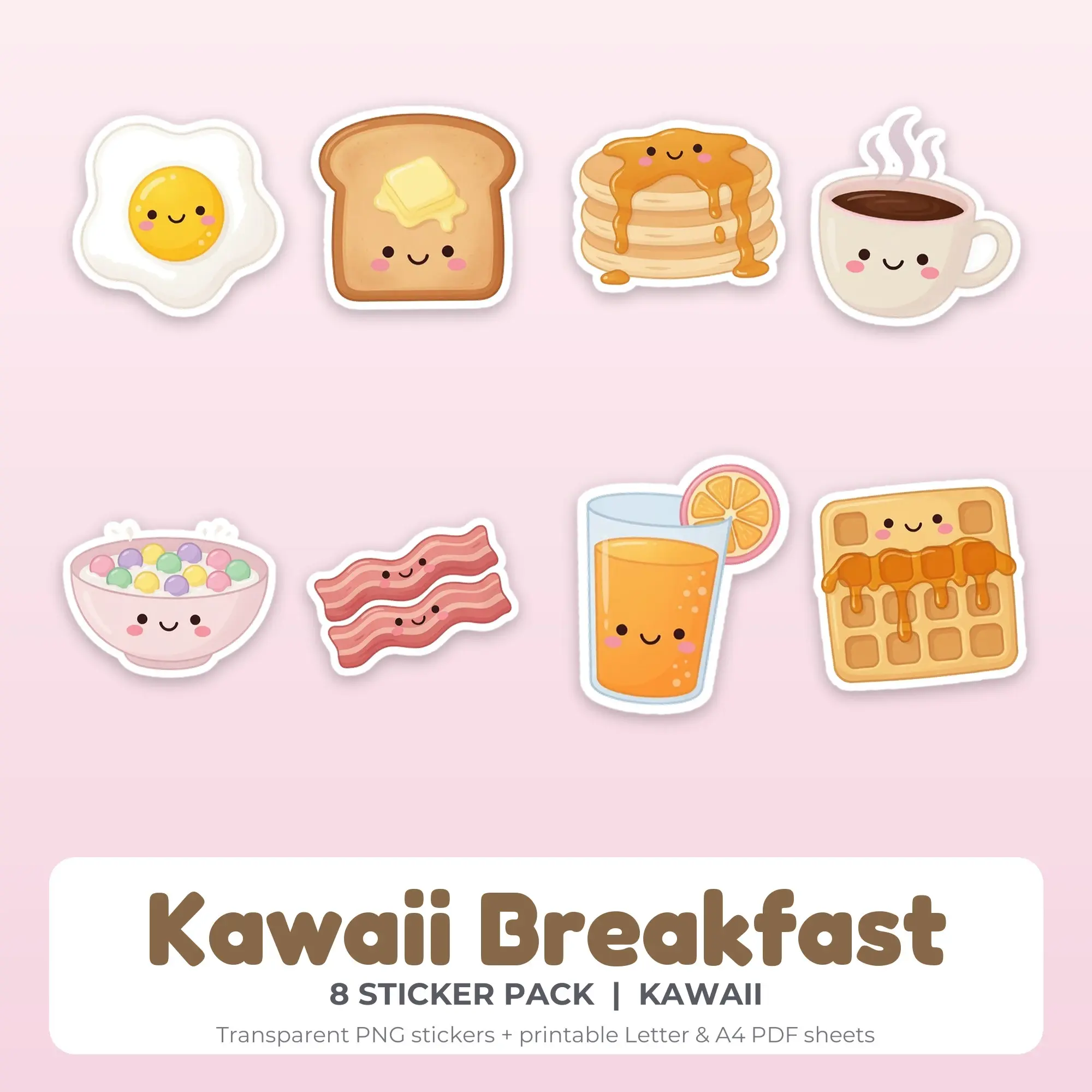 Kawaii Breakfast Sticker Set - 8 Printable PNG preview