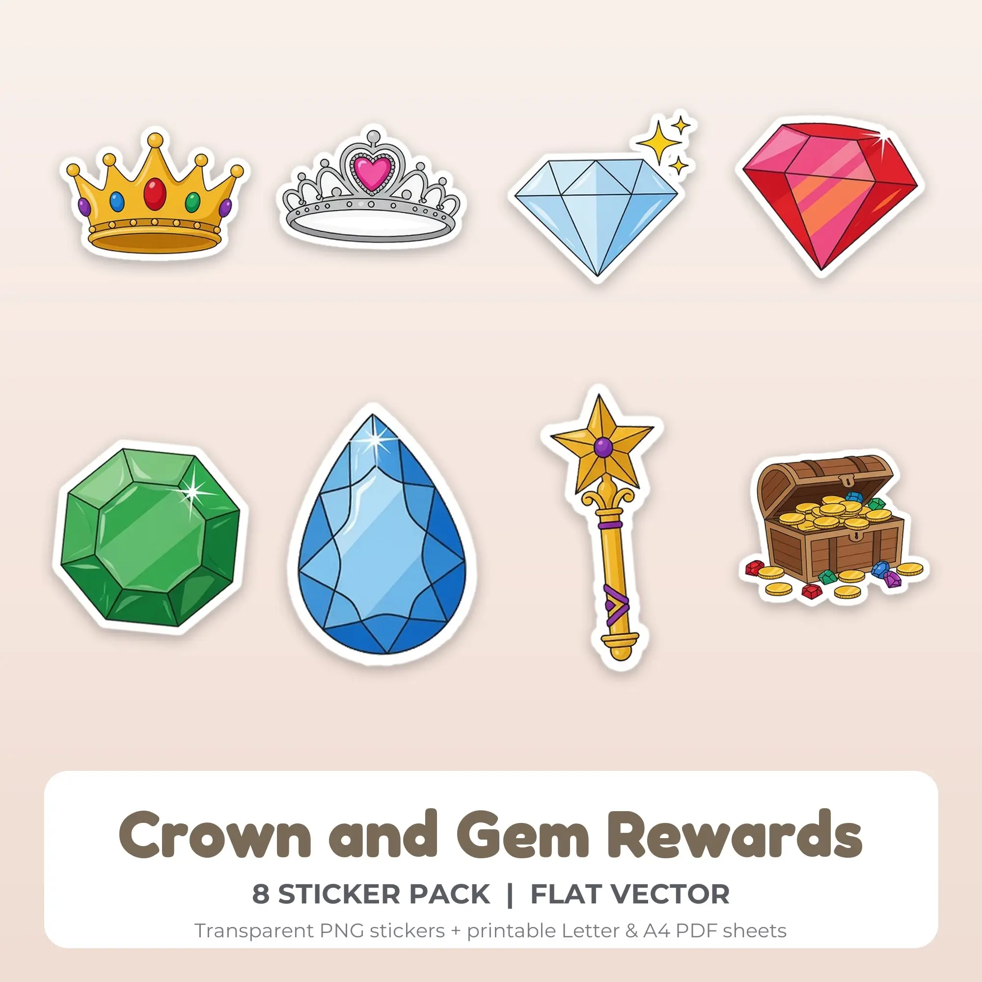 Crown and Gem Rewards Sticker Pack - 8 Printable Stickers preview