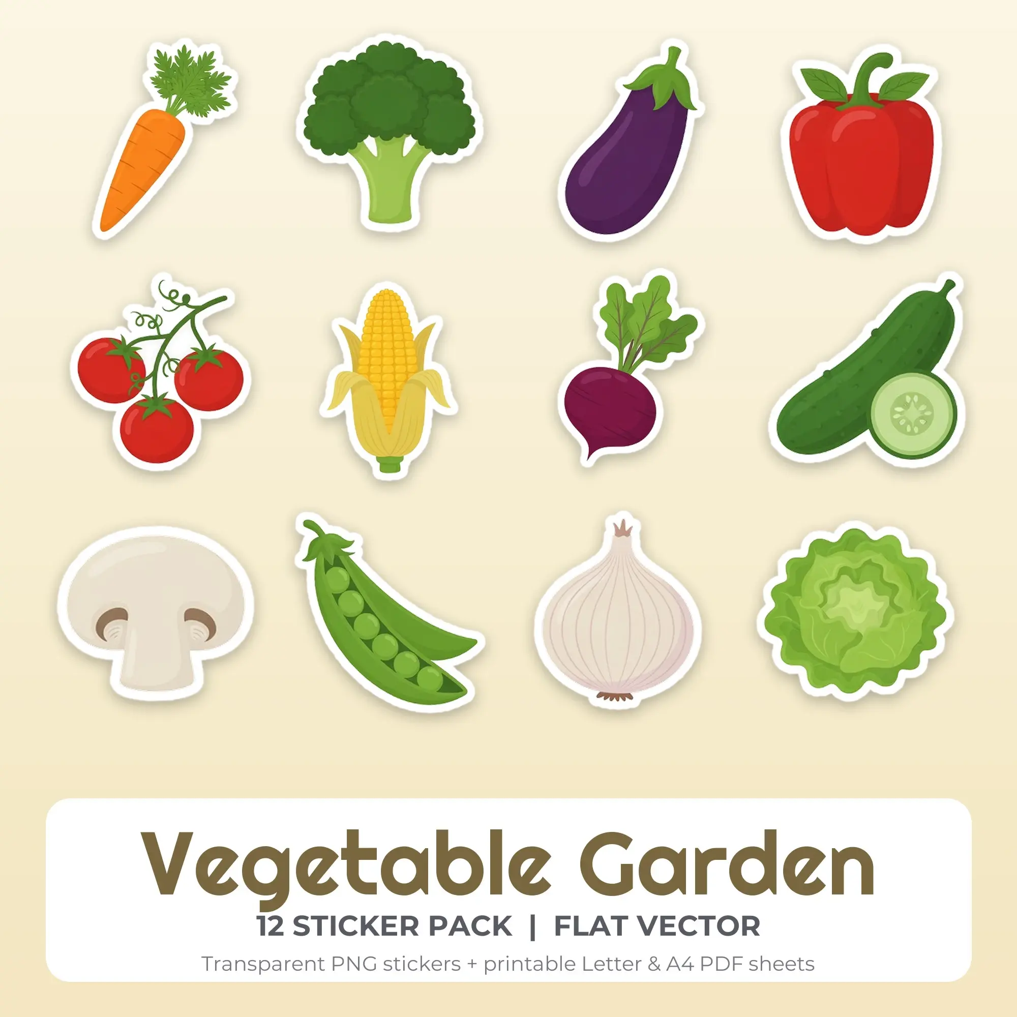Printable Vegetable Garden Sticker Pack, Flat Vector Style - 12 PNG preview