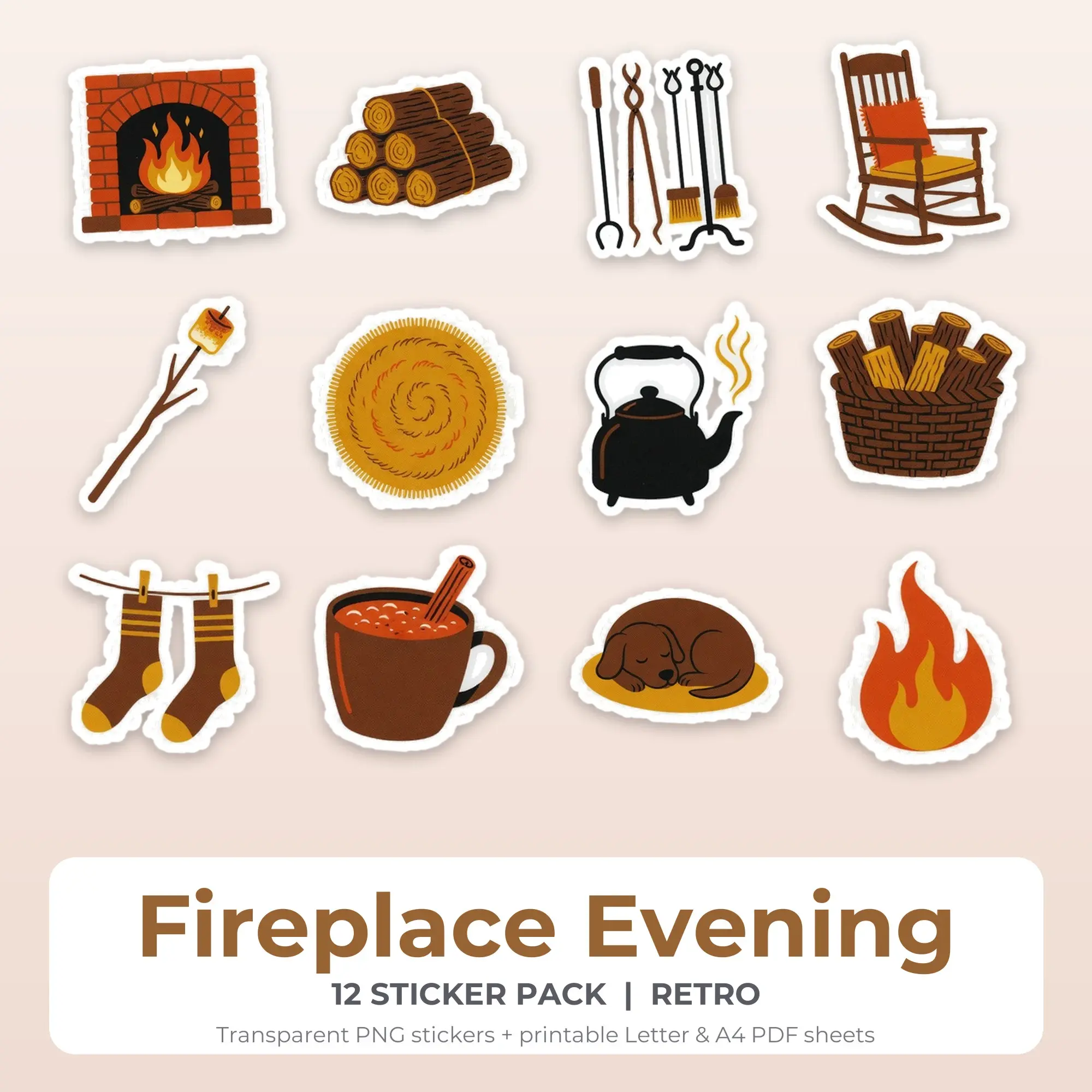 Printable Fireplace Evening Sticker Pack, Retro Style - 12 PNG preview