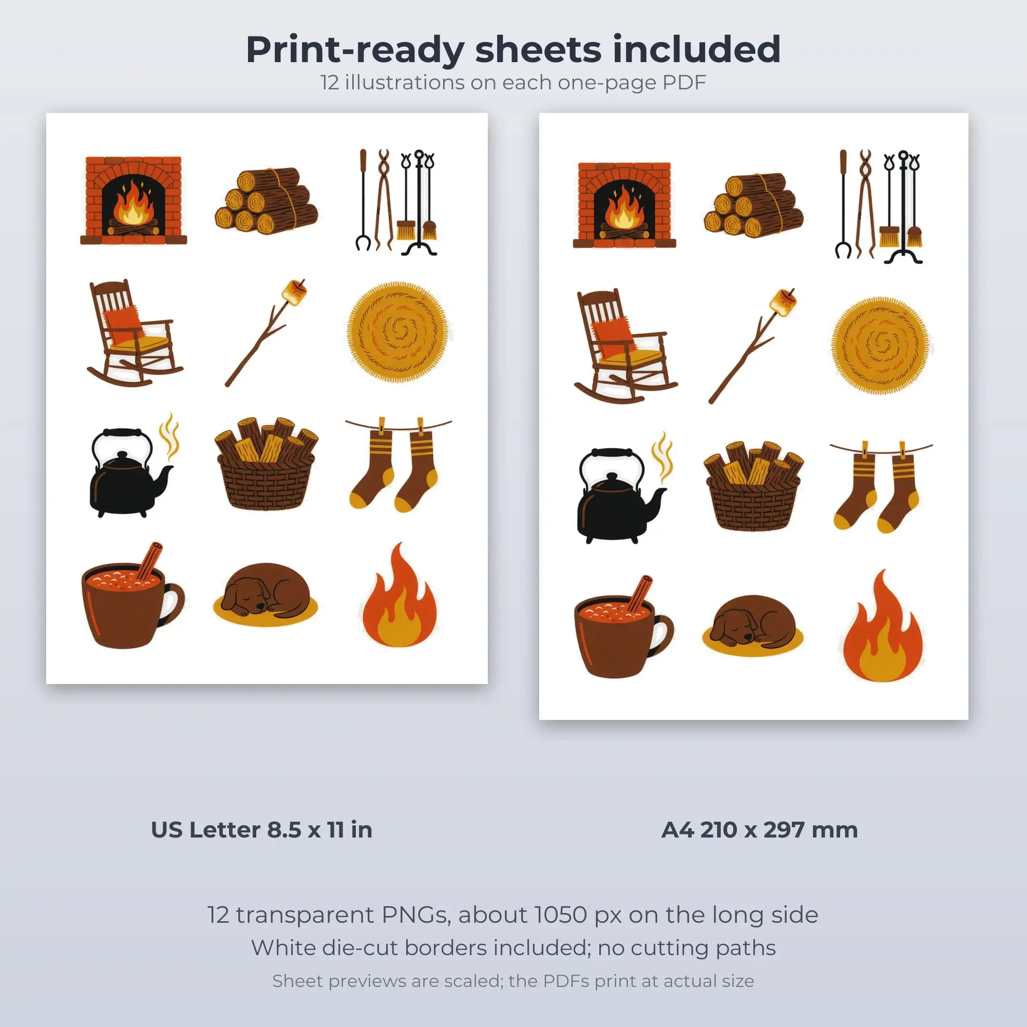 Printable Fireplace Evening Sticker Pack, Retro Style - 12 PNG, preview 2 of 2