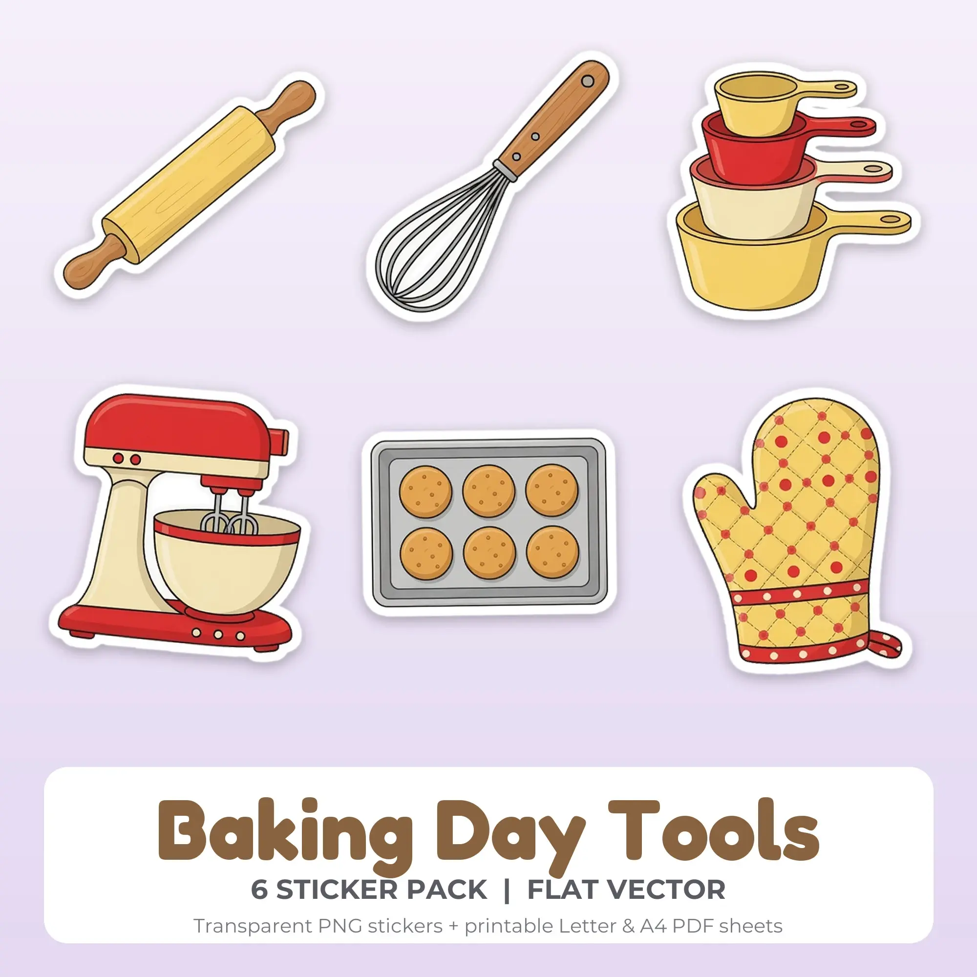 Printable Baking Day Tools Sticker Pack, Flat Vector Style - 6 PNG preview