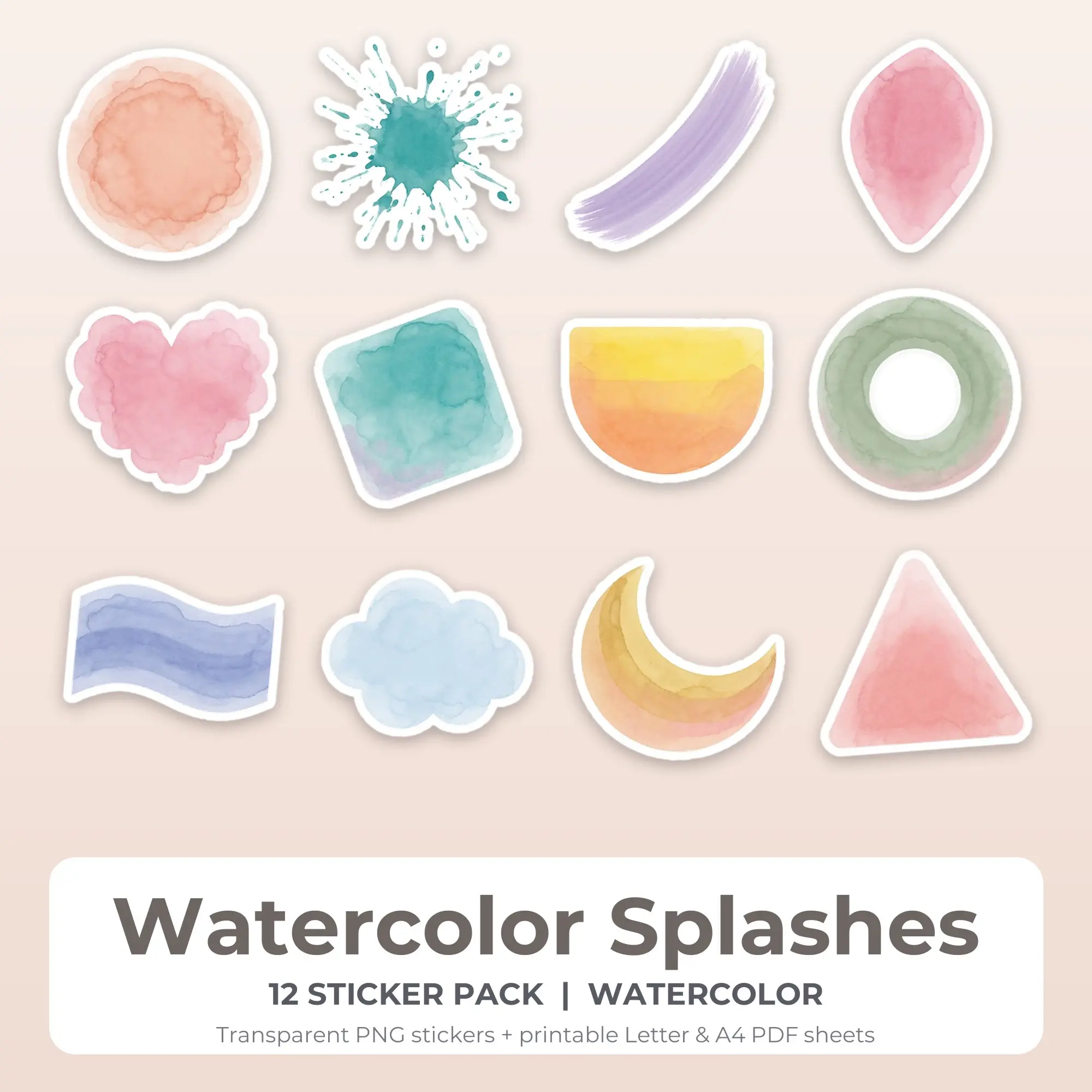 Watercolor Splashes Sticker Pack - 12 Printable Stickers preview