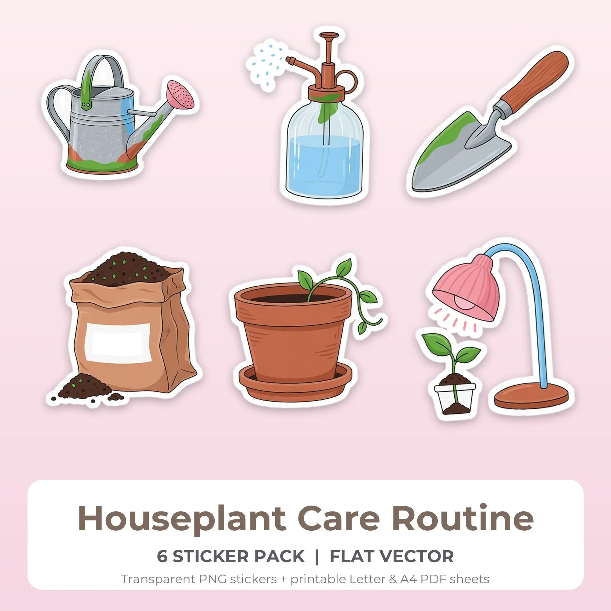 Houseplant Care Routine Printable Stickers - 6 Die-Cut PNG + PDF preview