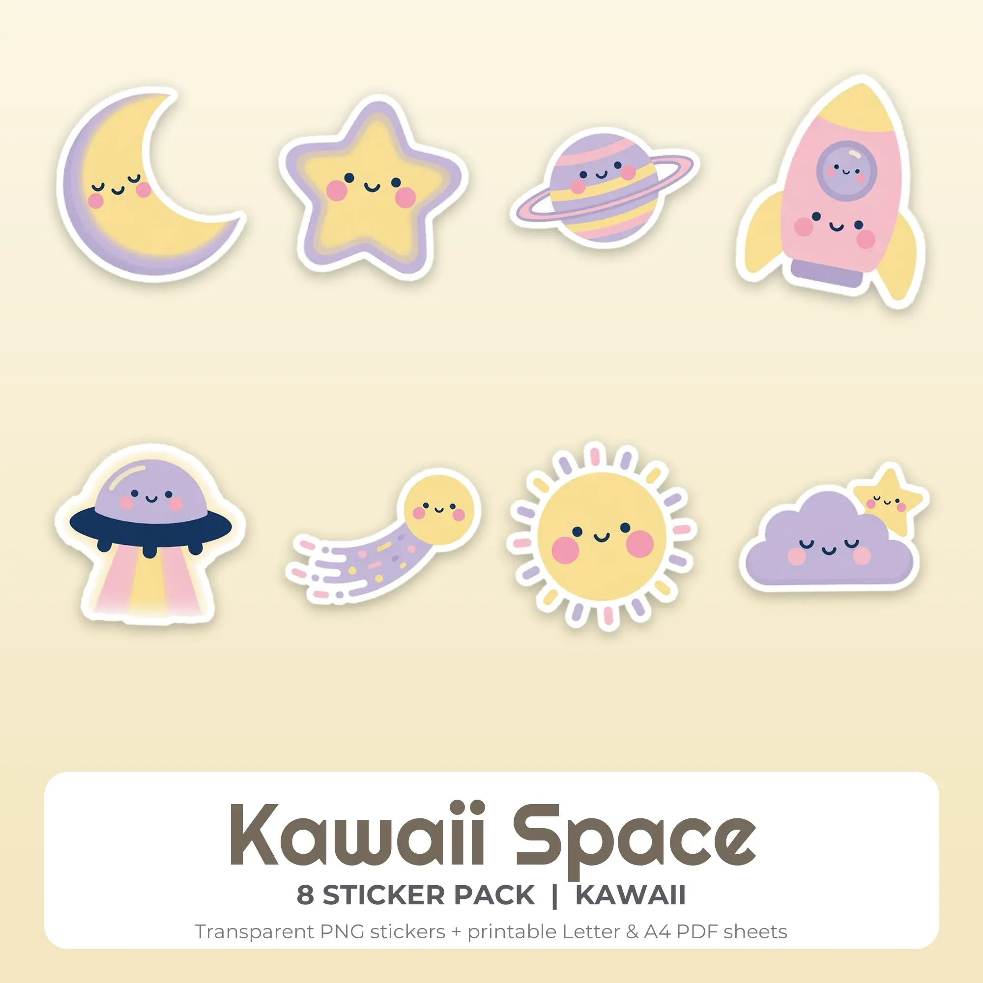 Kawaii Space Stickers, 8 PNG + Printable PDF Sheet preview
