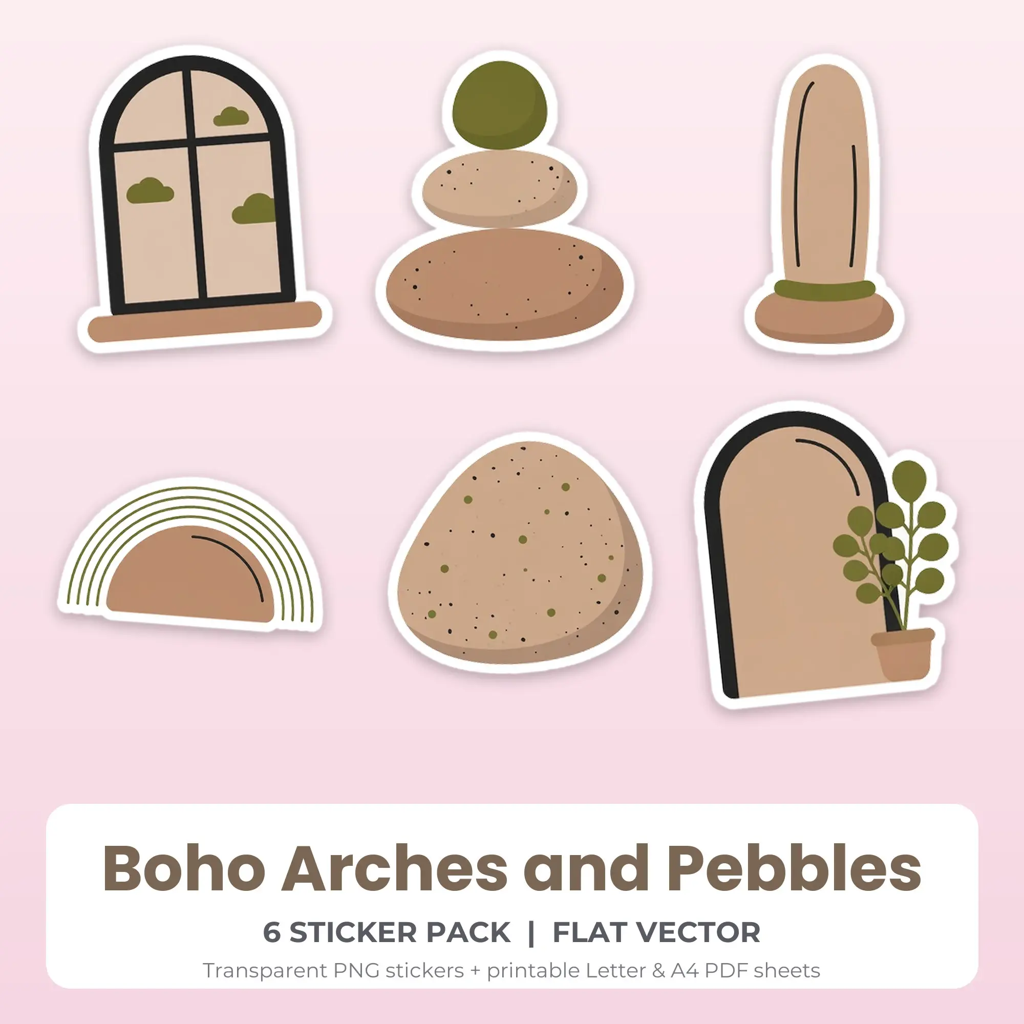 6 Boho Arches and Pebbles Stickers - Printable Sticker Sheet PDF preview