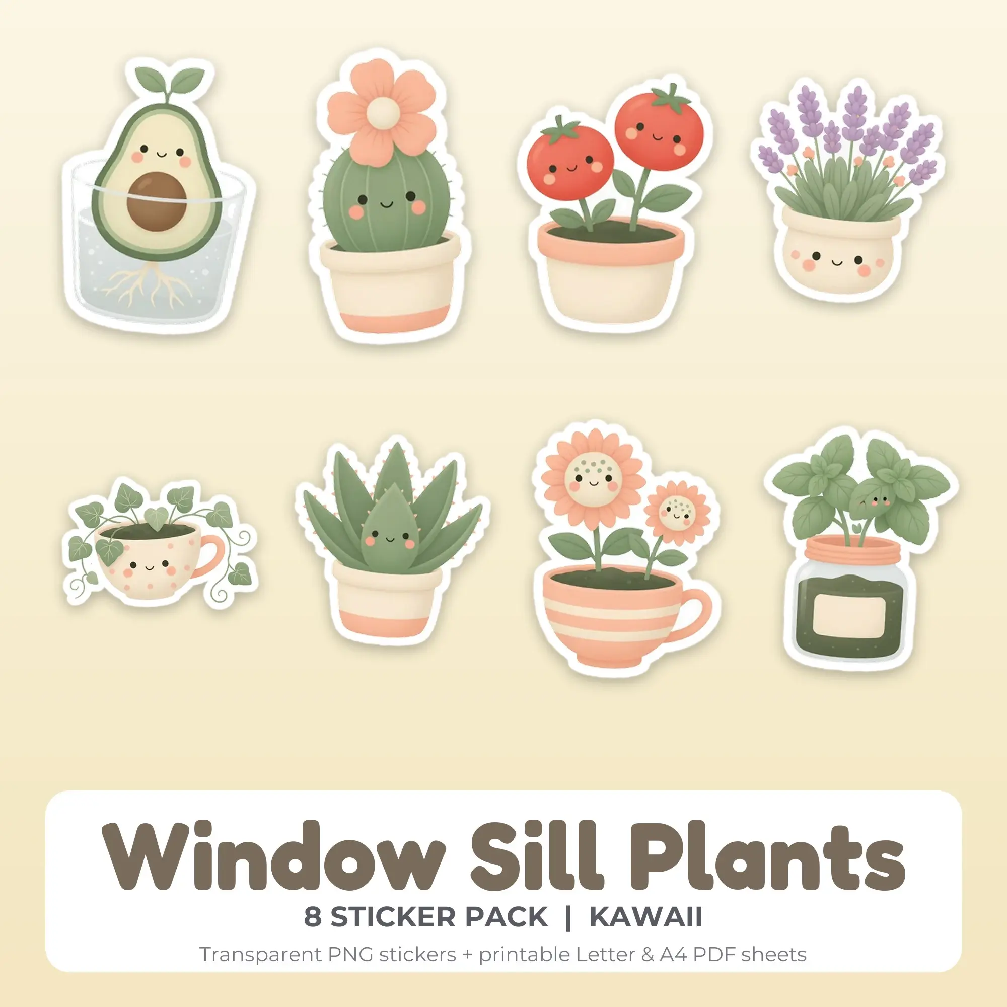 Window Sill Plants Stickers, 8 PNG + Printable PDF Sheet preview