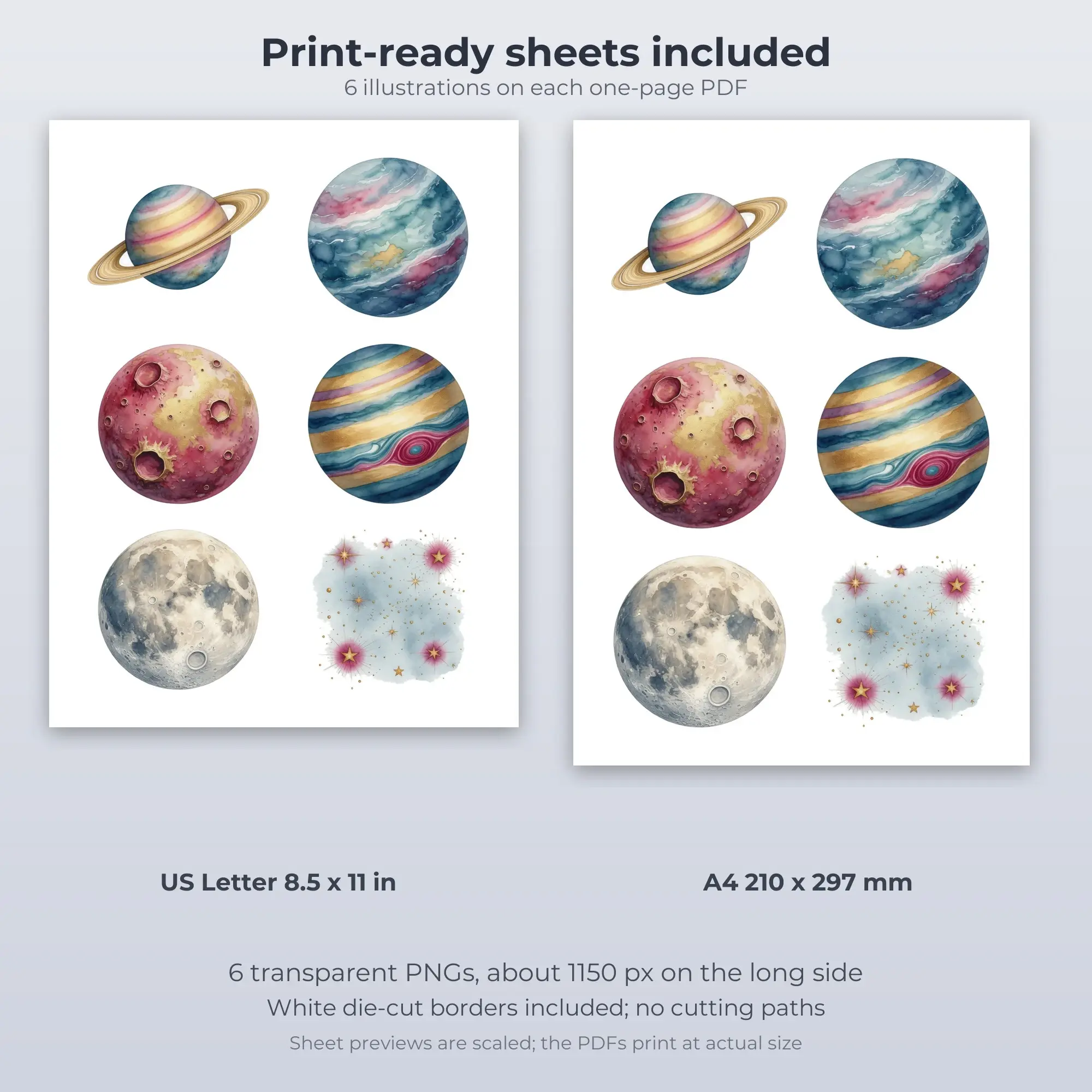 Watercolor Planets Sticker Set - 6 Printable PNG, preview 2 of 2