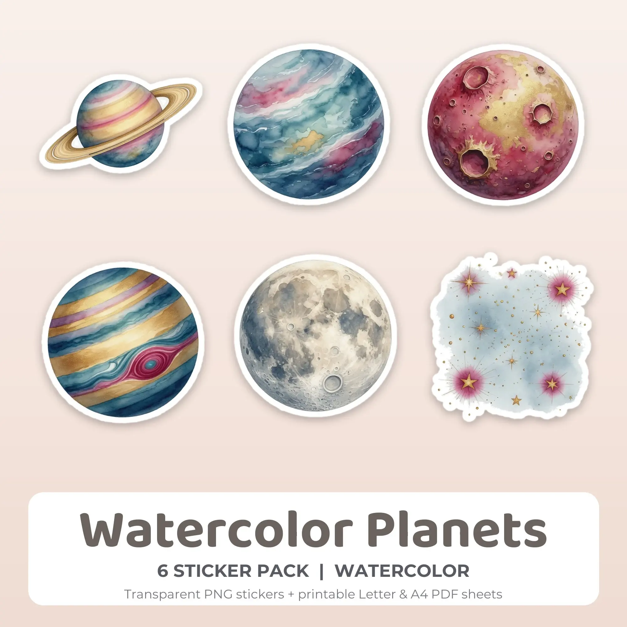 Watercolor Planets Sticker Set - 6 Printable PNG, preview 1 of 2