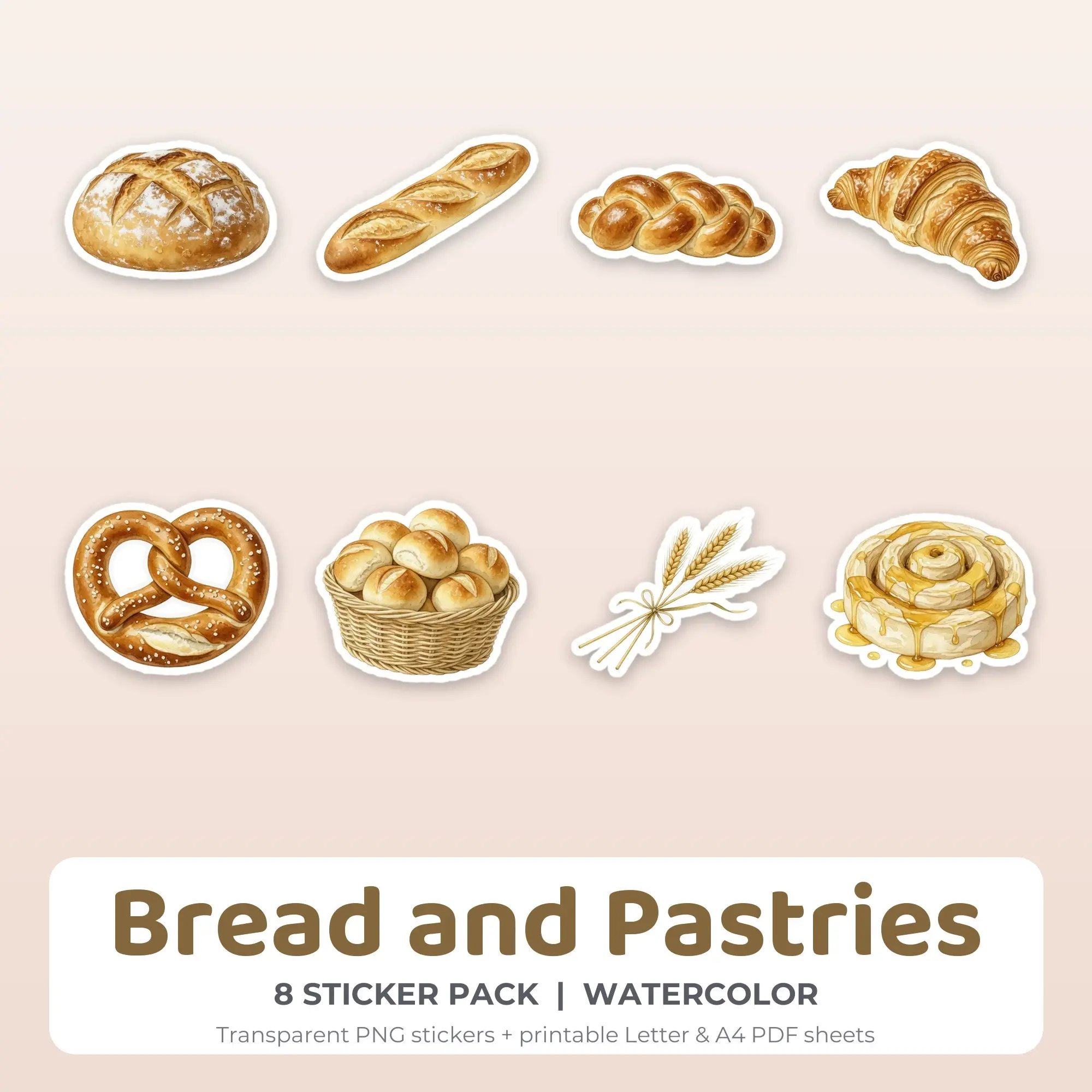 Bread and Pastries Sticker Pack - 8 Printable Stickers preview