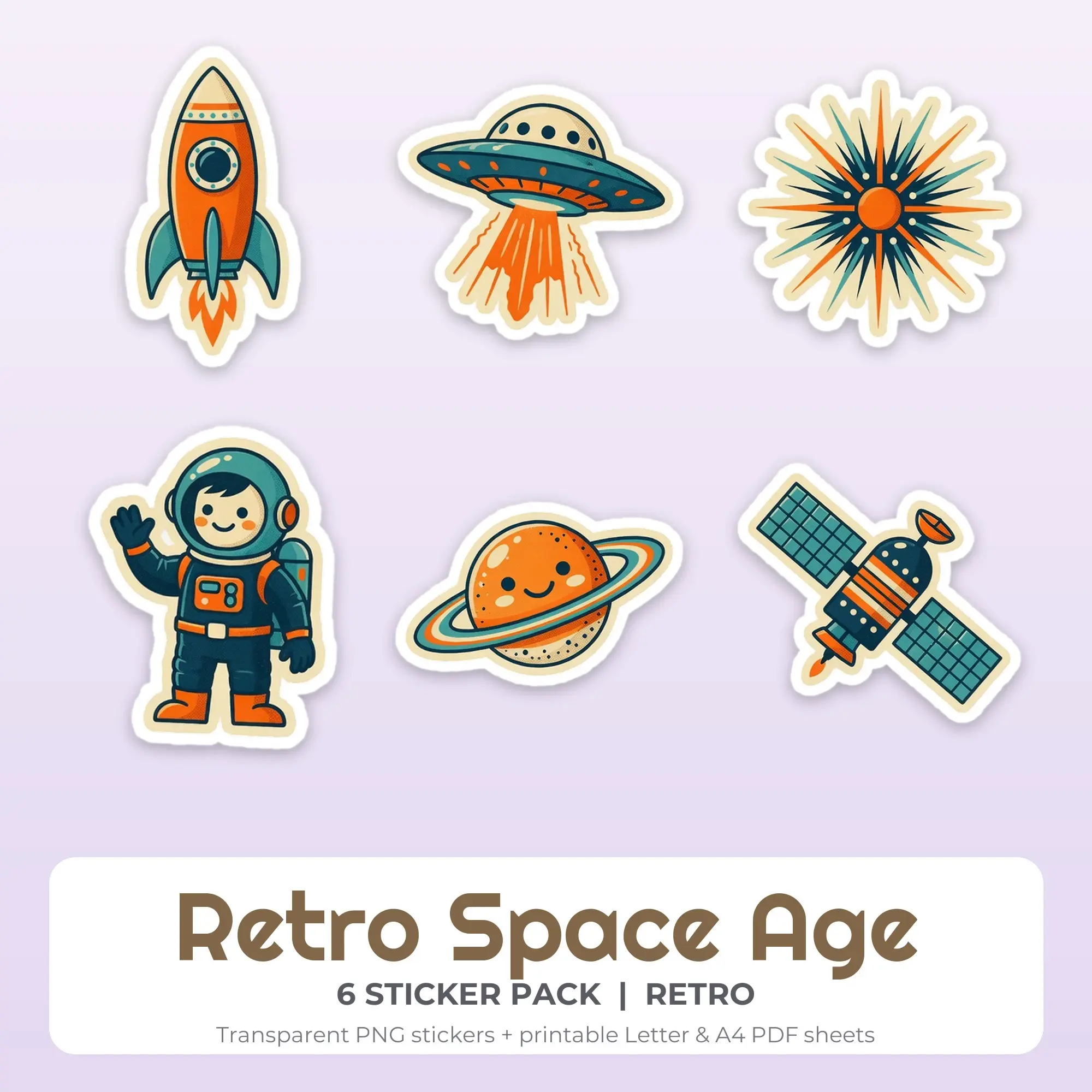 6 Retro Space Age Stickers - Printable Sticker Sheet PDF preview
