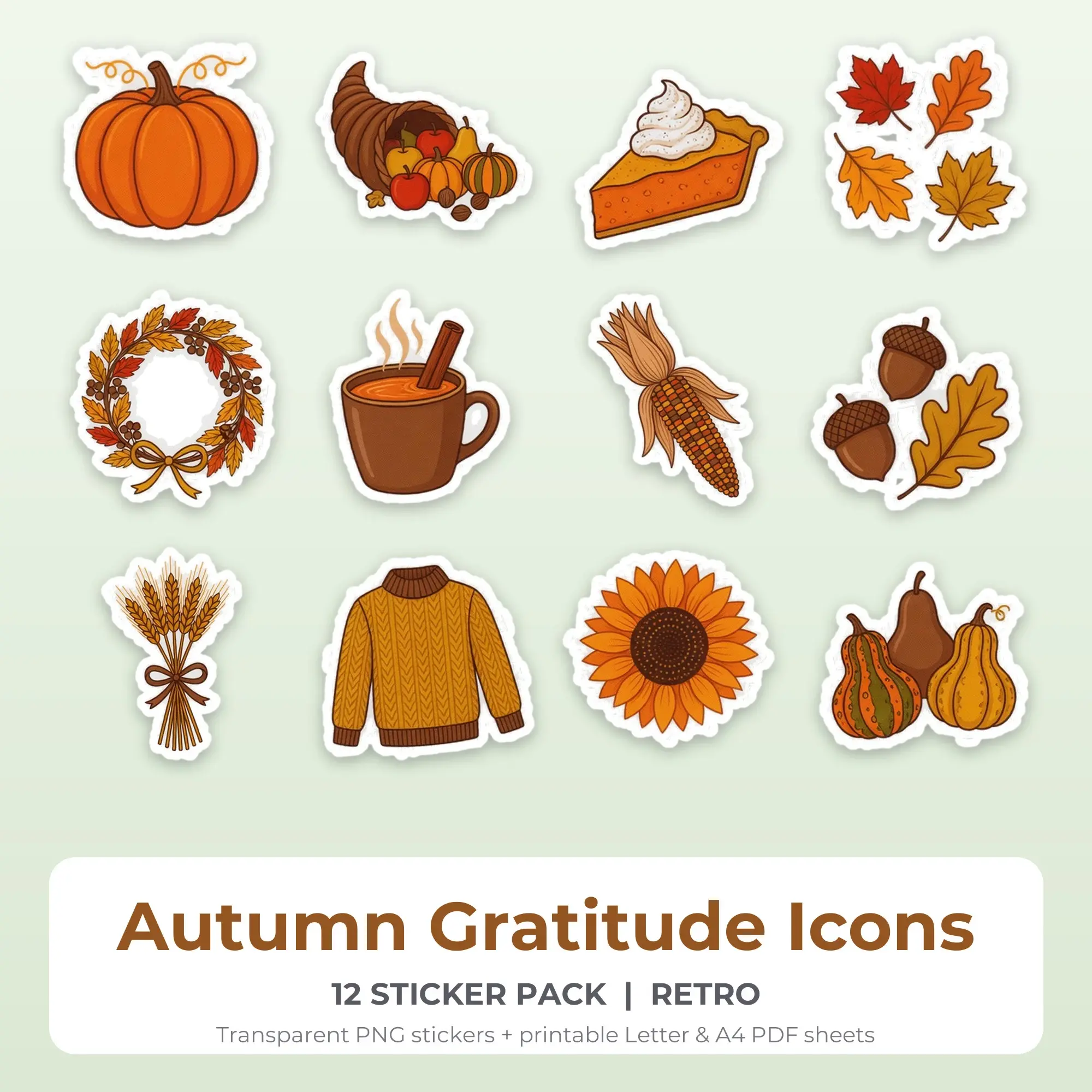 Autumn Gratitude Icons Sticker Pack - 12 Printable Stickers preview