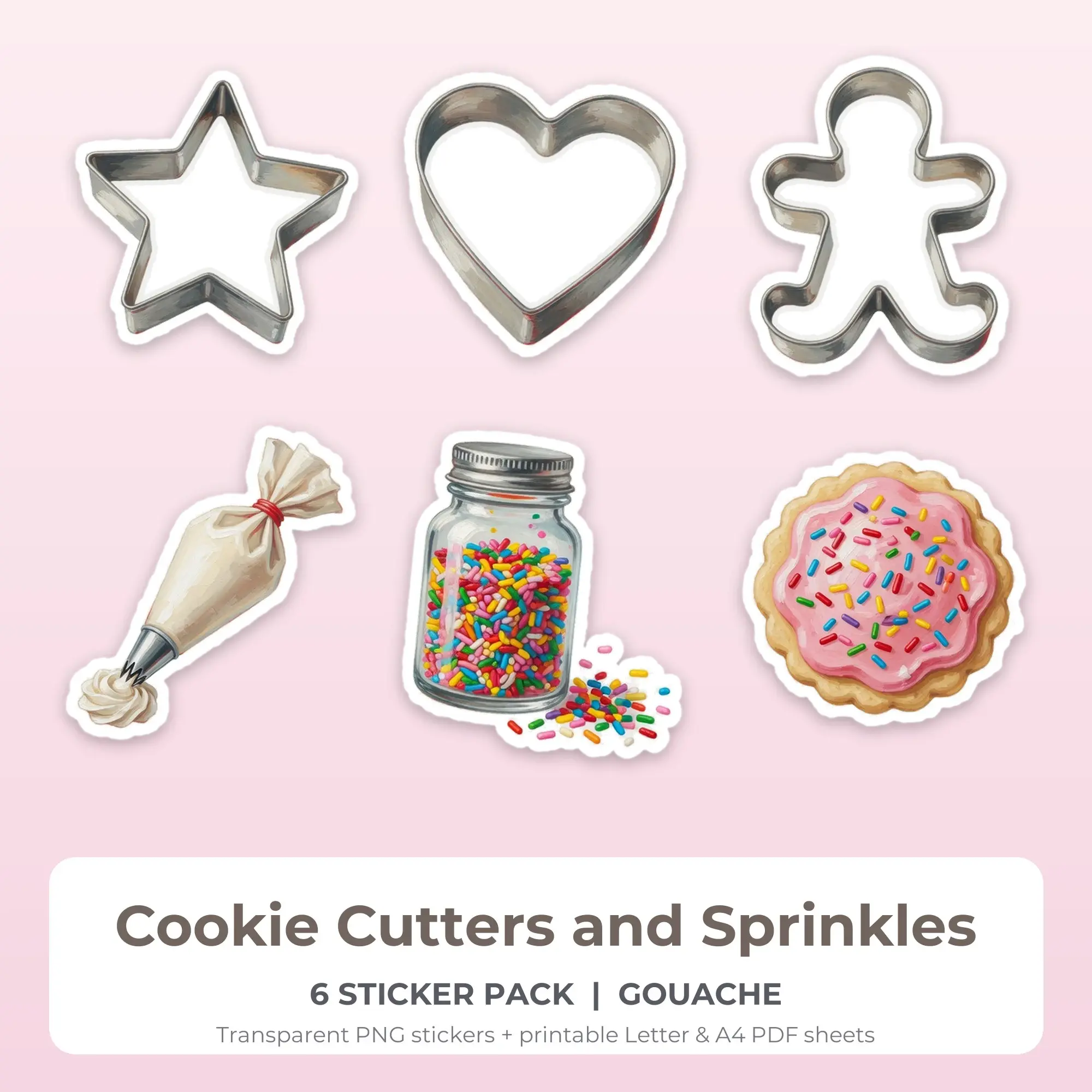 Cookie Cutters and Sprinkles Stickers, 6 PNG + Printable PDF Sheet preview