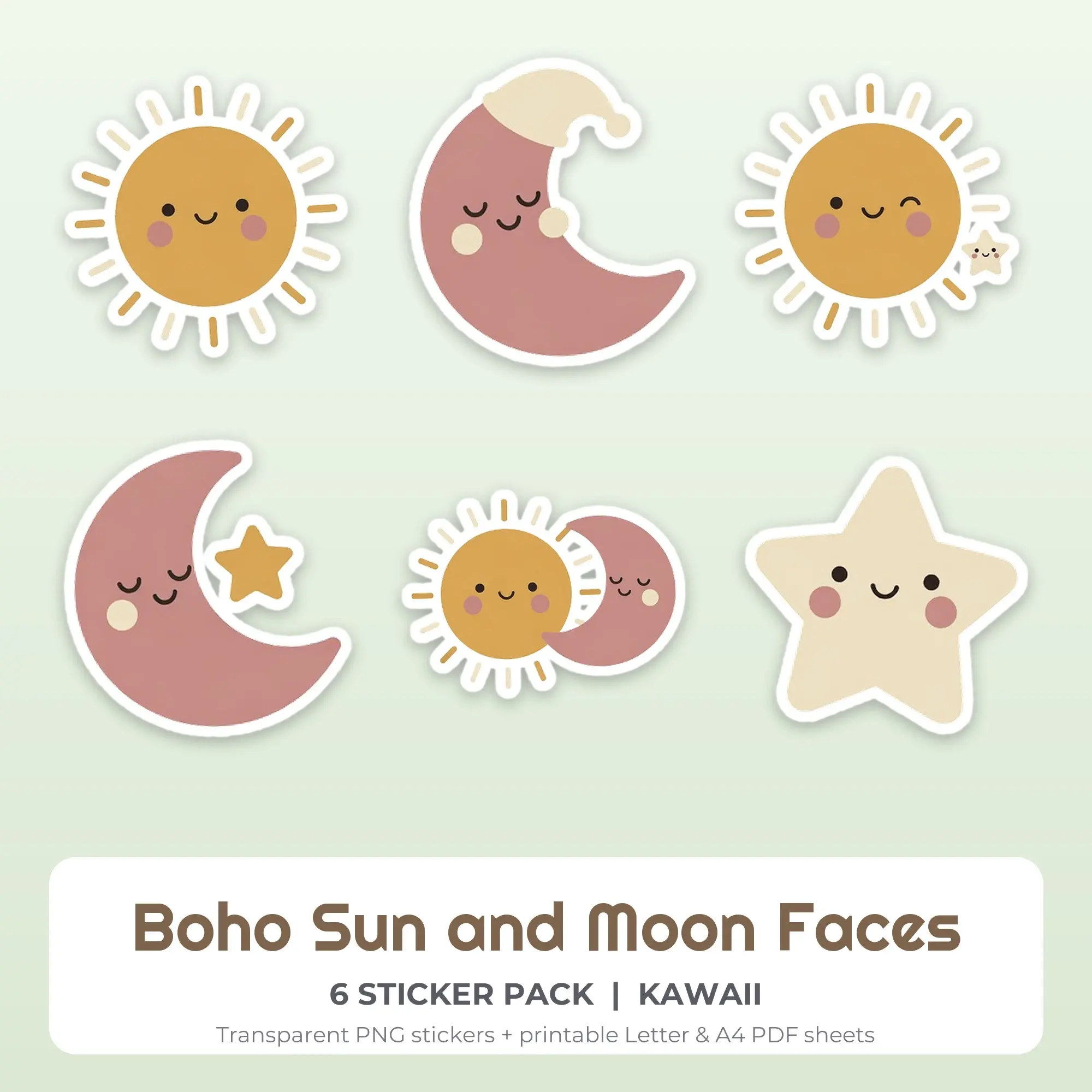6 Boho Sun and Moon Faces Stickers - Printable Sticker Sheet PDF preview