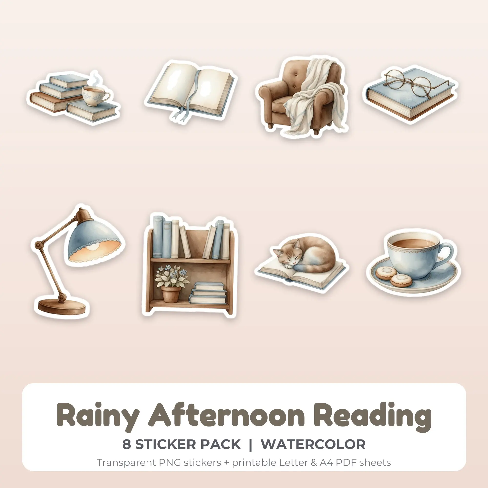 Watercolor Rainy Afternoon Reading Sticker Set - 8 Printable PNG preview