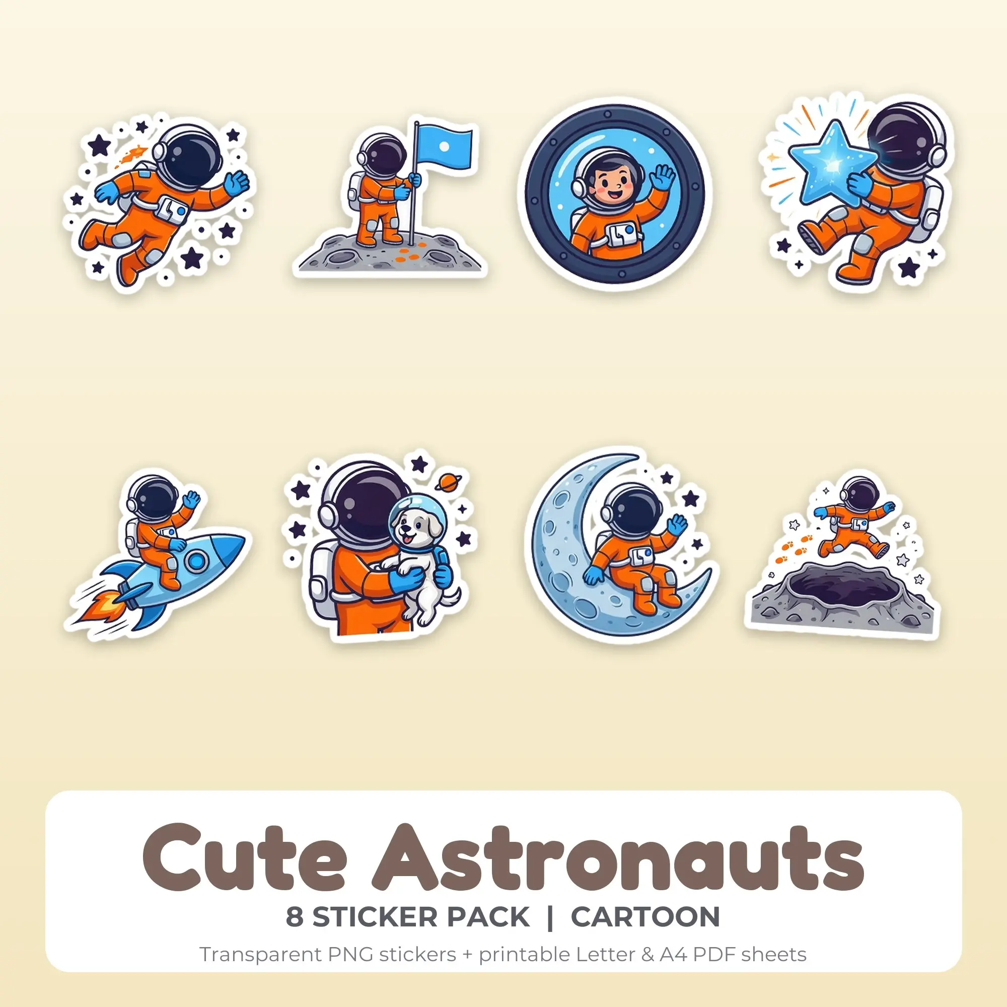 Cartoon Cute Astronauts Sticker Set - 8 Printable PNG, preview 1 of 2