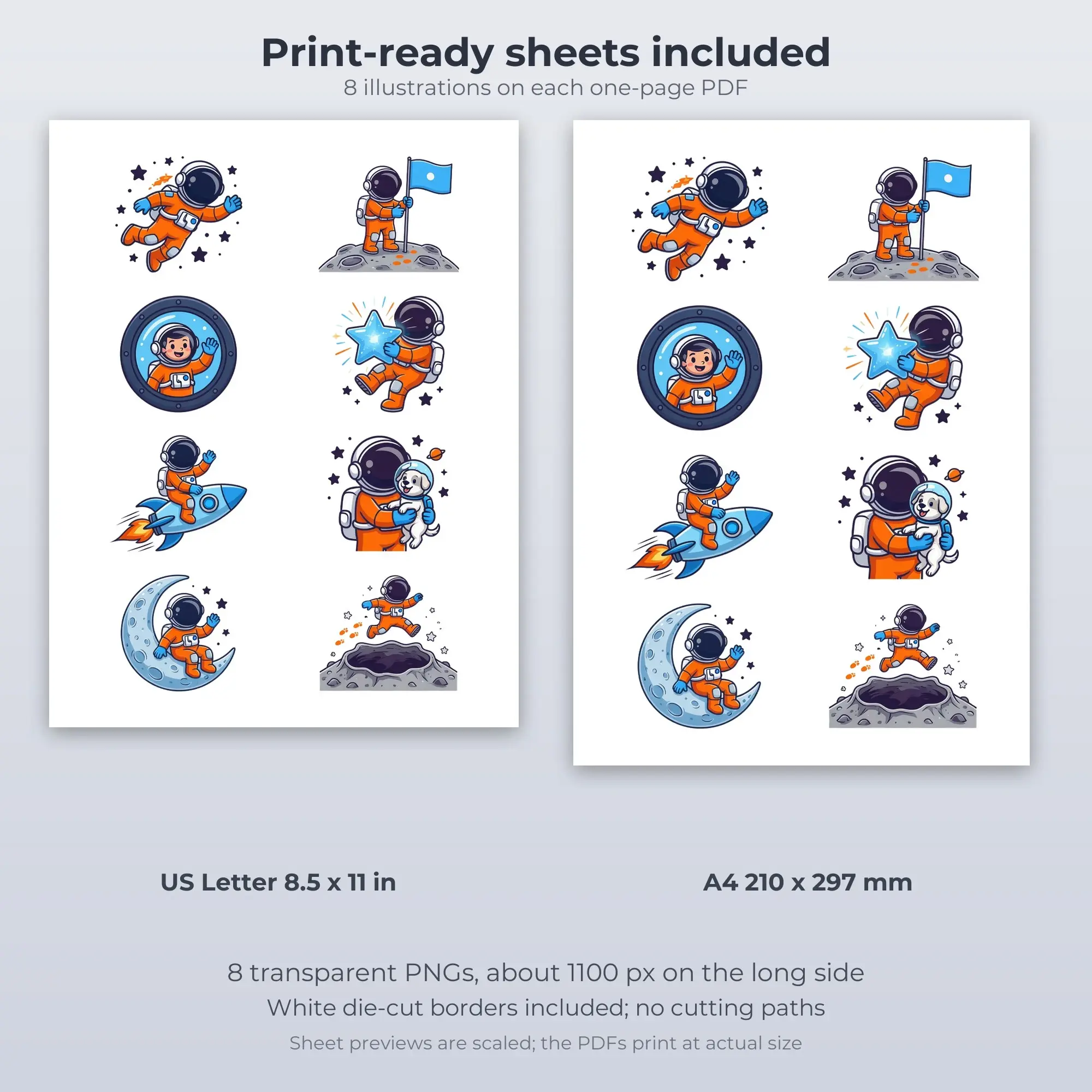 Cartoon Cute Astronauts Sticker Set - 8 Printable PNG, preview 2 of 2
