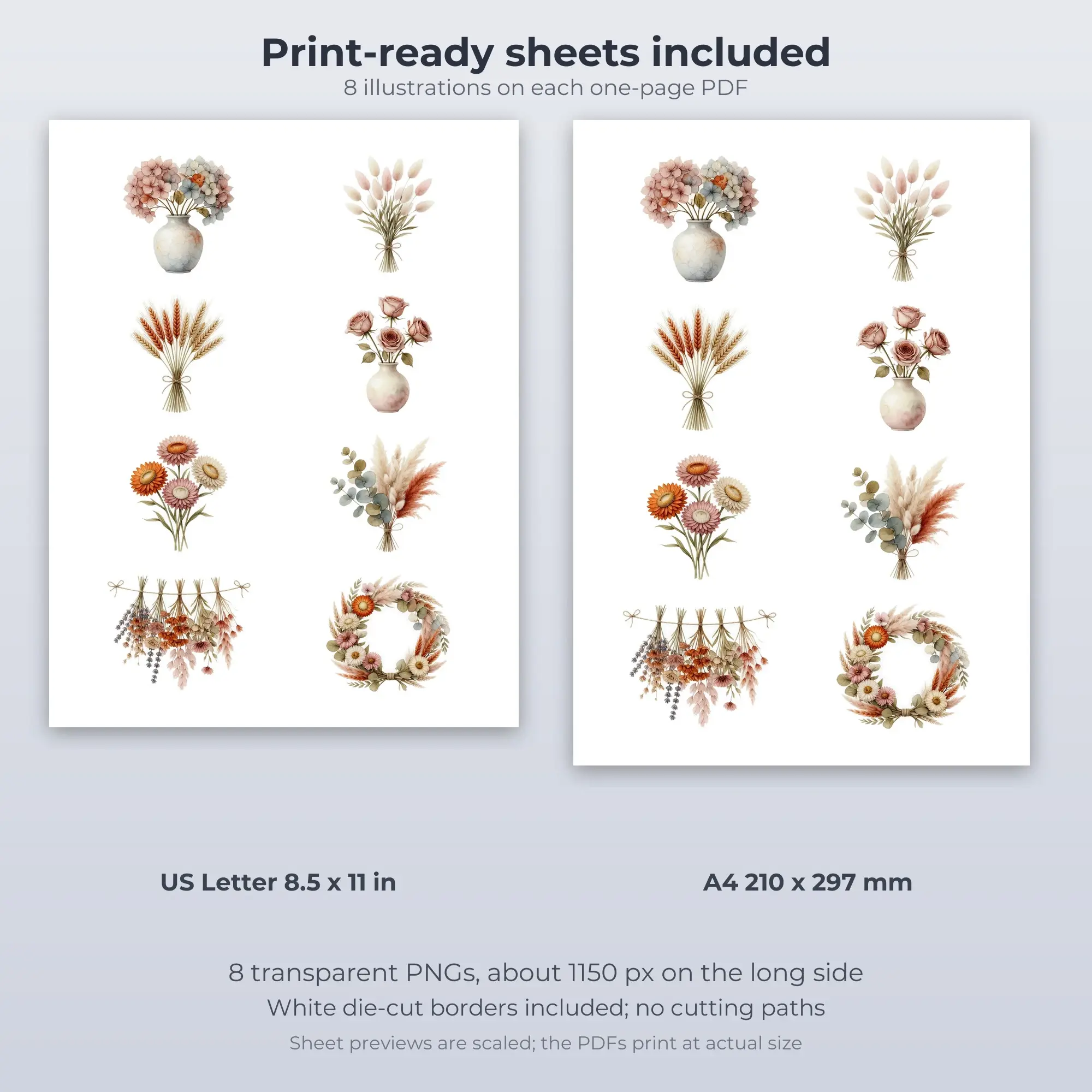 8 Dried Flower Arrangements Stickers - Printable Sticker Sheet PDF, preview 2 of 2