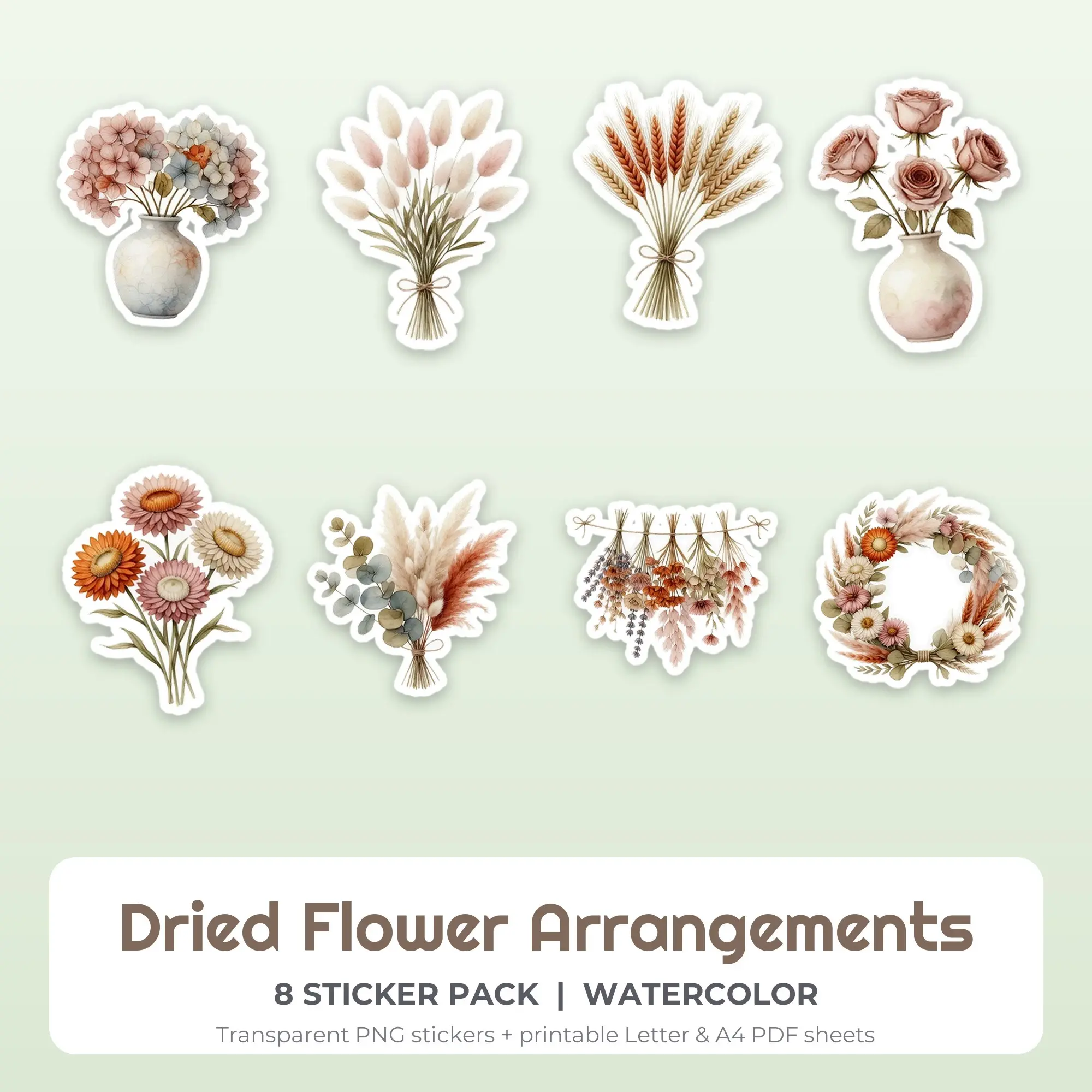 8 Dried Flower Arrangements Stickers - Printable Sticker Sheet PDF, preview 1 of 2