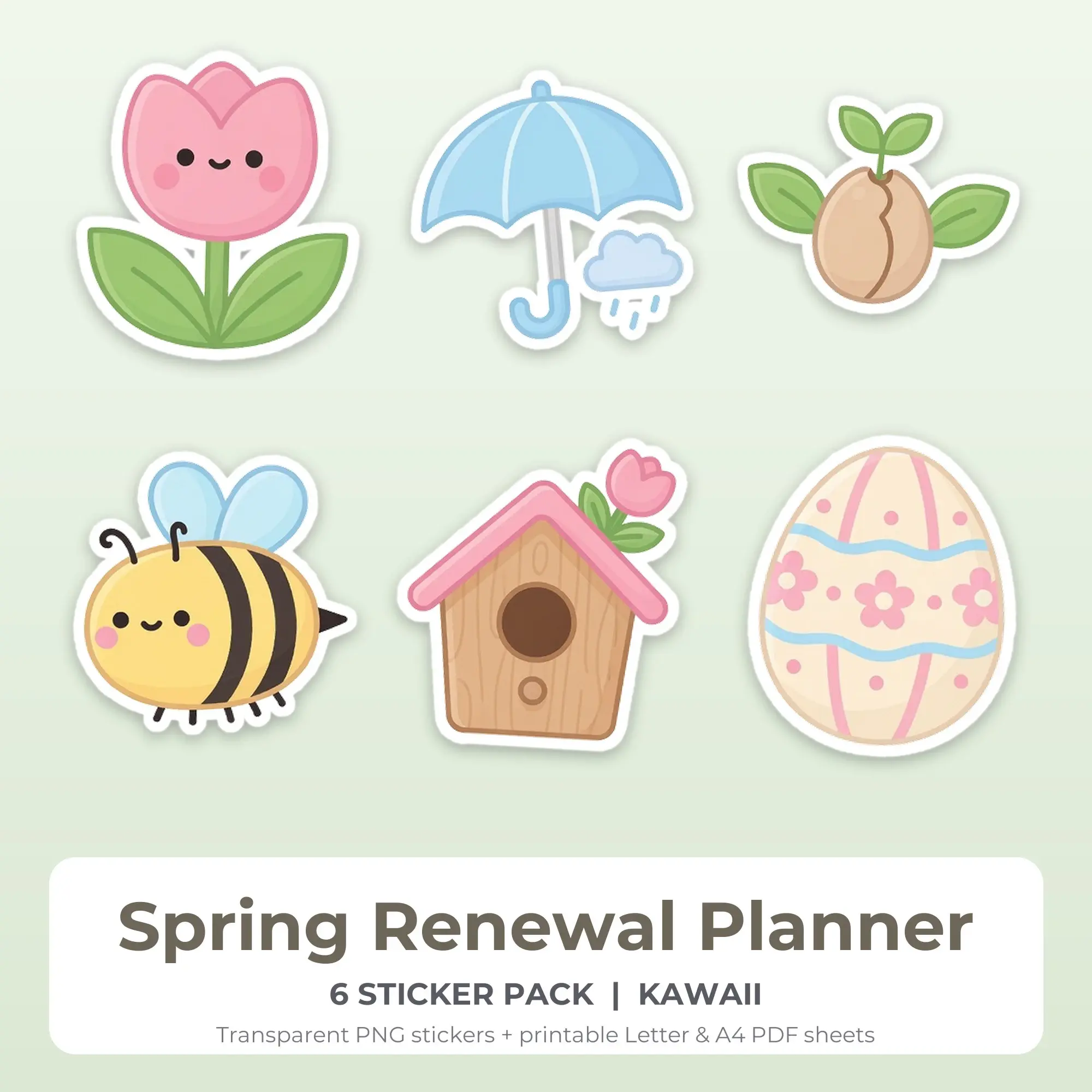 Spring Renewal Planner Printable Stickers - 6 Die-Cut PNG + PDF preview