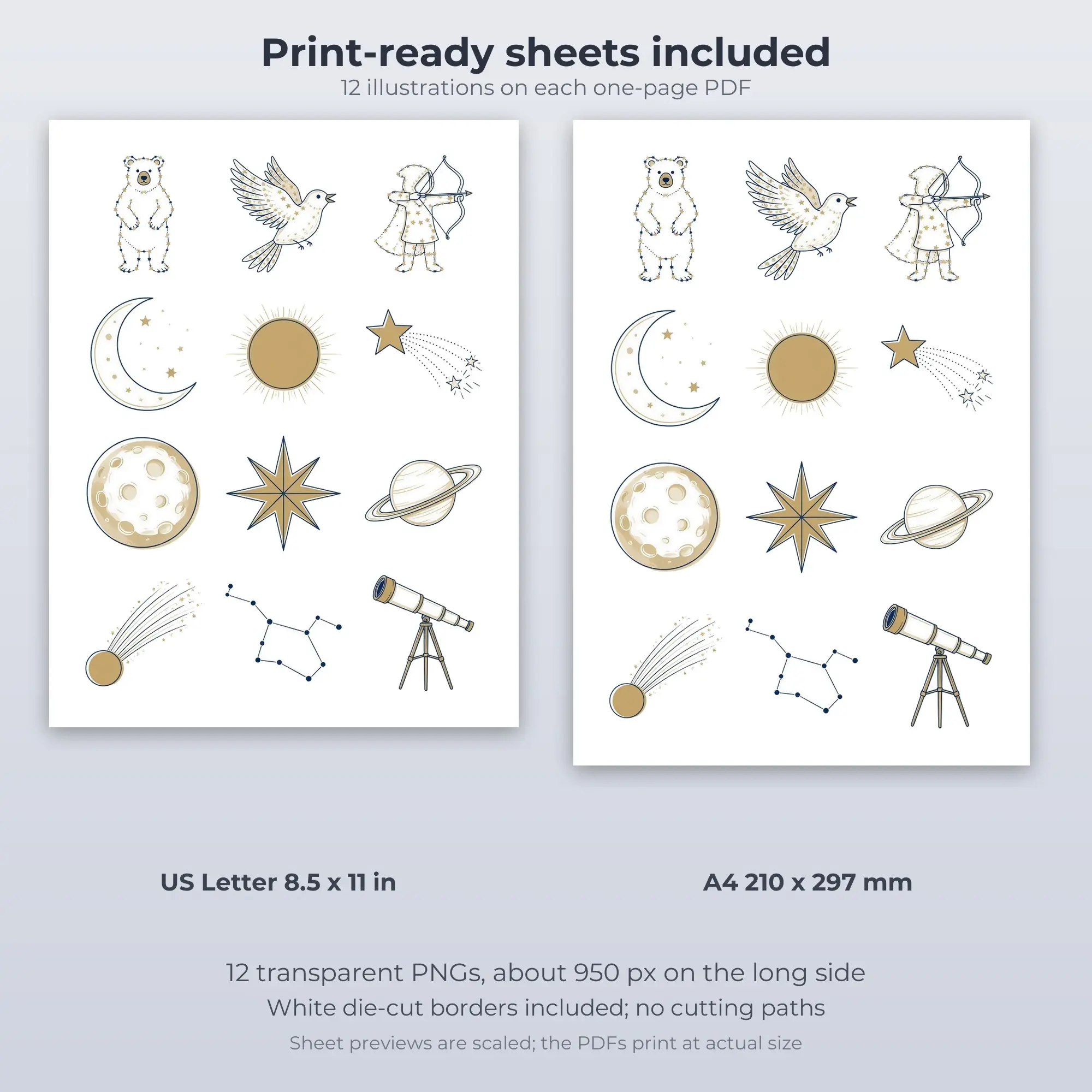 Constellation Line Art Printable Stickers - 12 Die-Cut PNG + PDF, preview 2 of 2