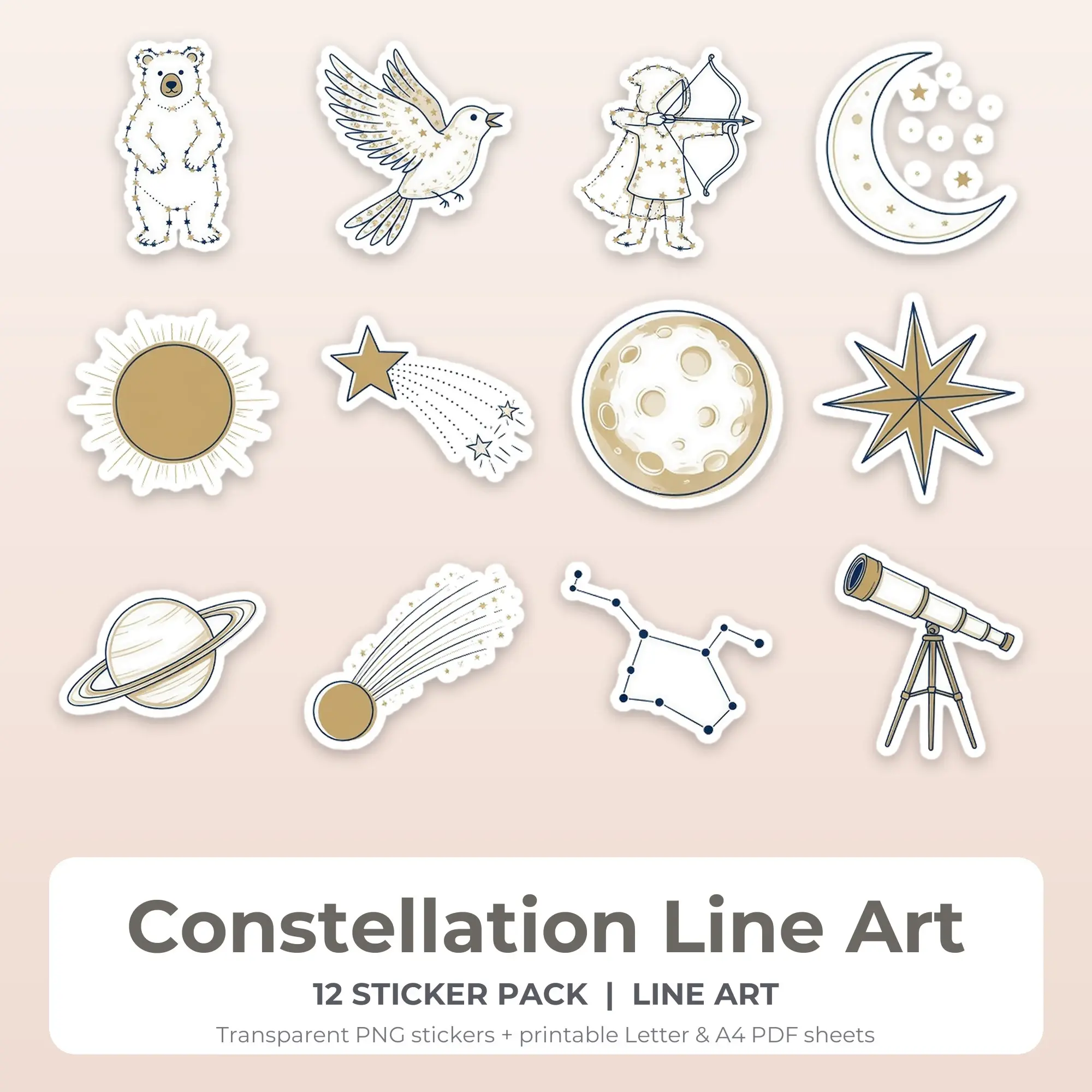 Constellation Line Art Printable Stickers - 12 Die-Cut PNG + PDF, preview 1 of 2