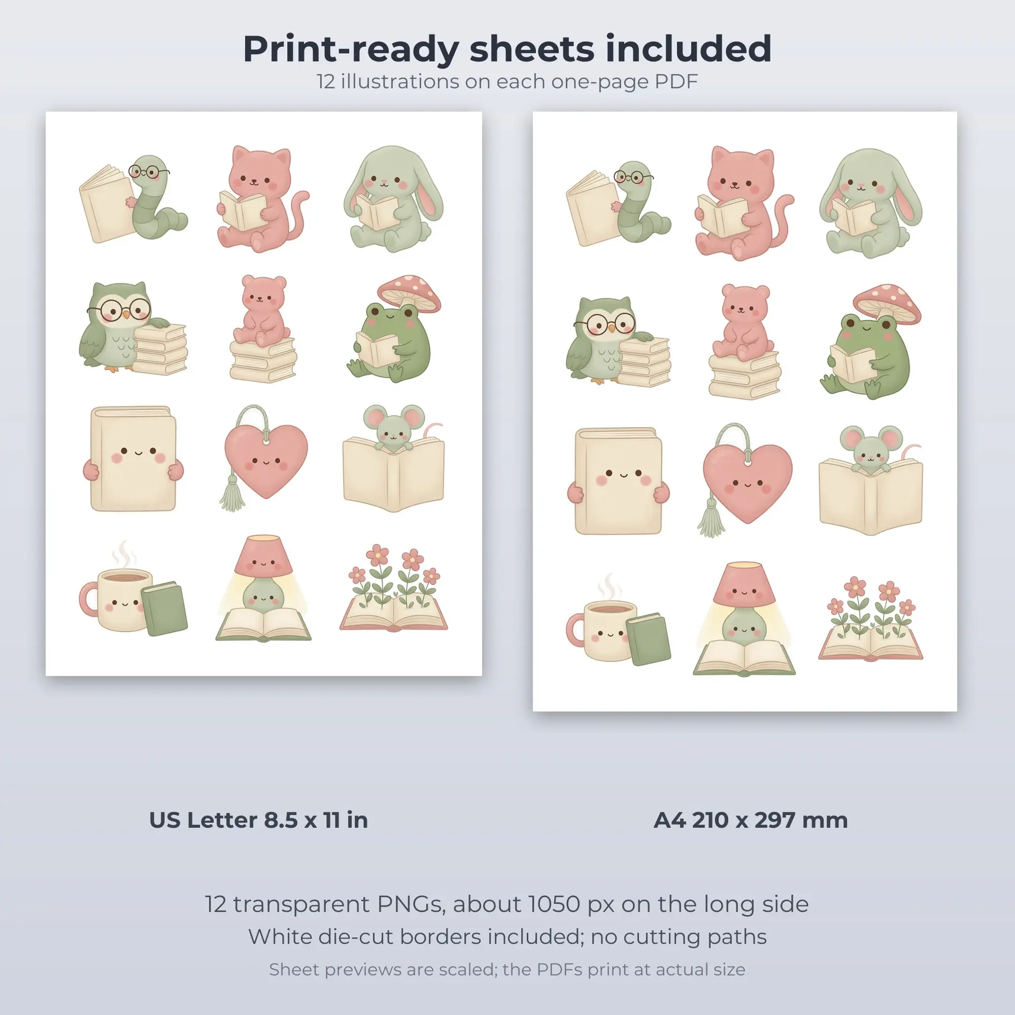 Printable Bookworm Friends Sticker Pack, Kawaii Style - 12 PNG, preview 2 of 2