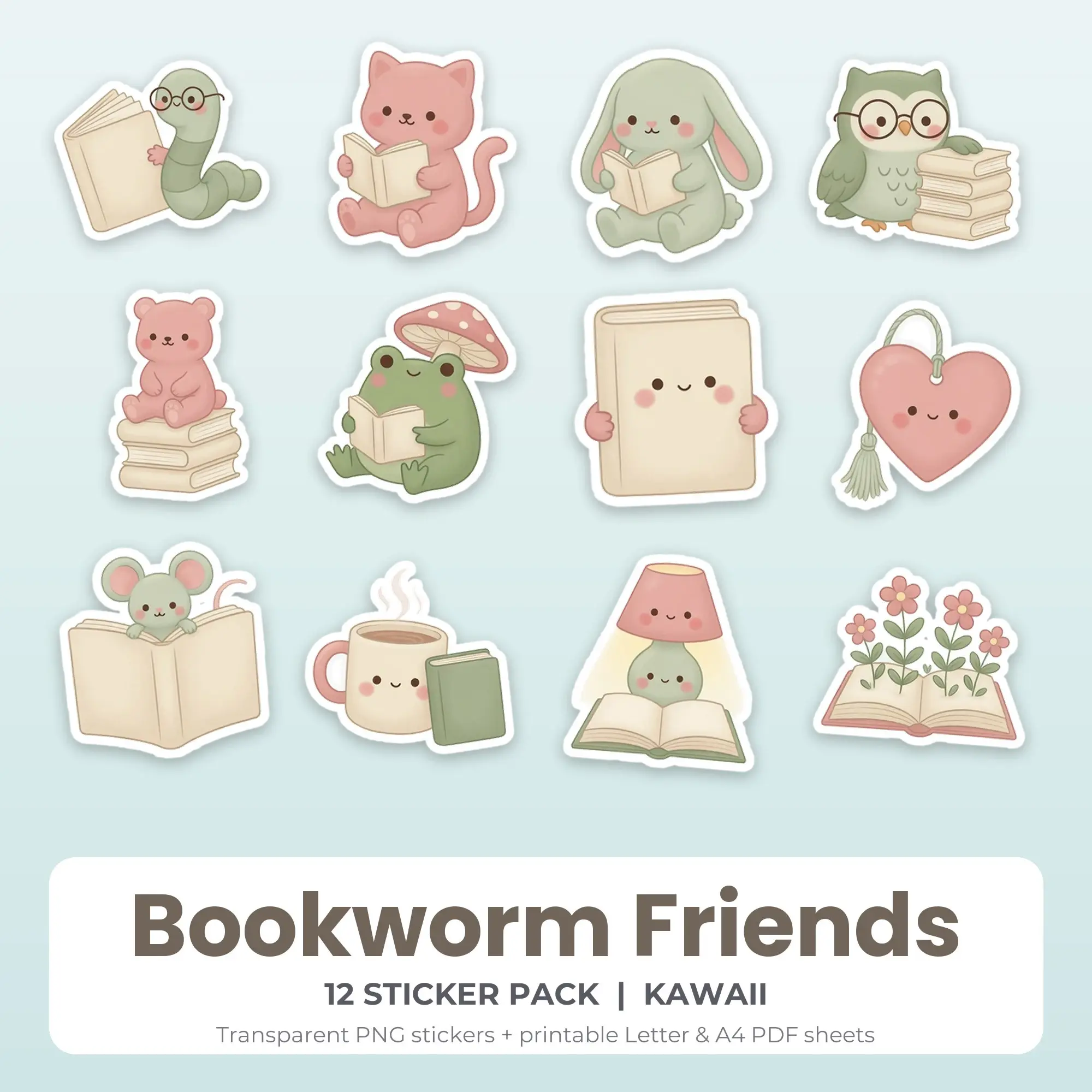 Printable Bookworm Friends Sticker Pack, Kawaii Style - 12 PNG preview