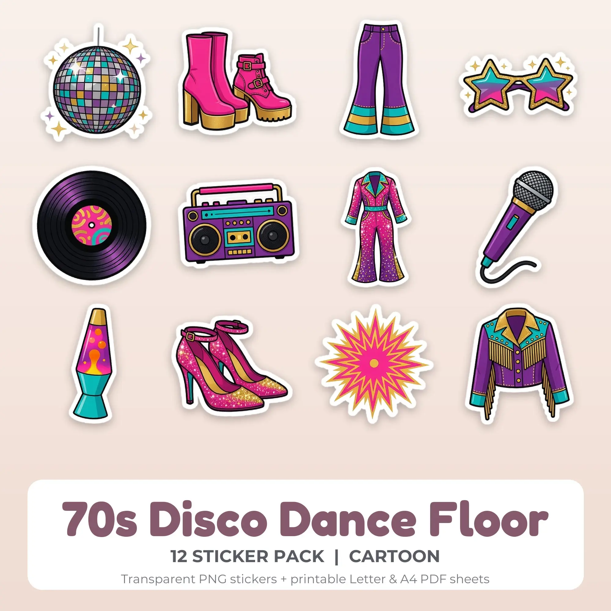 Printable 70s Disco Dance Floor Sticker Pack, Cartoon Style - 12 PNG preview